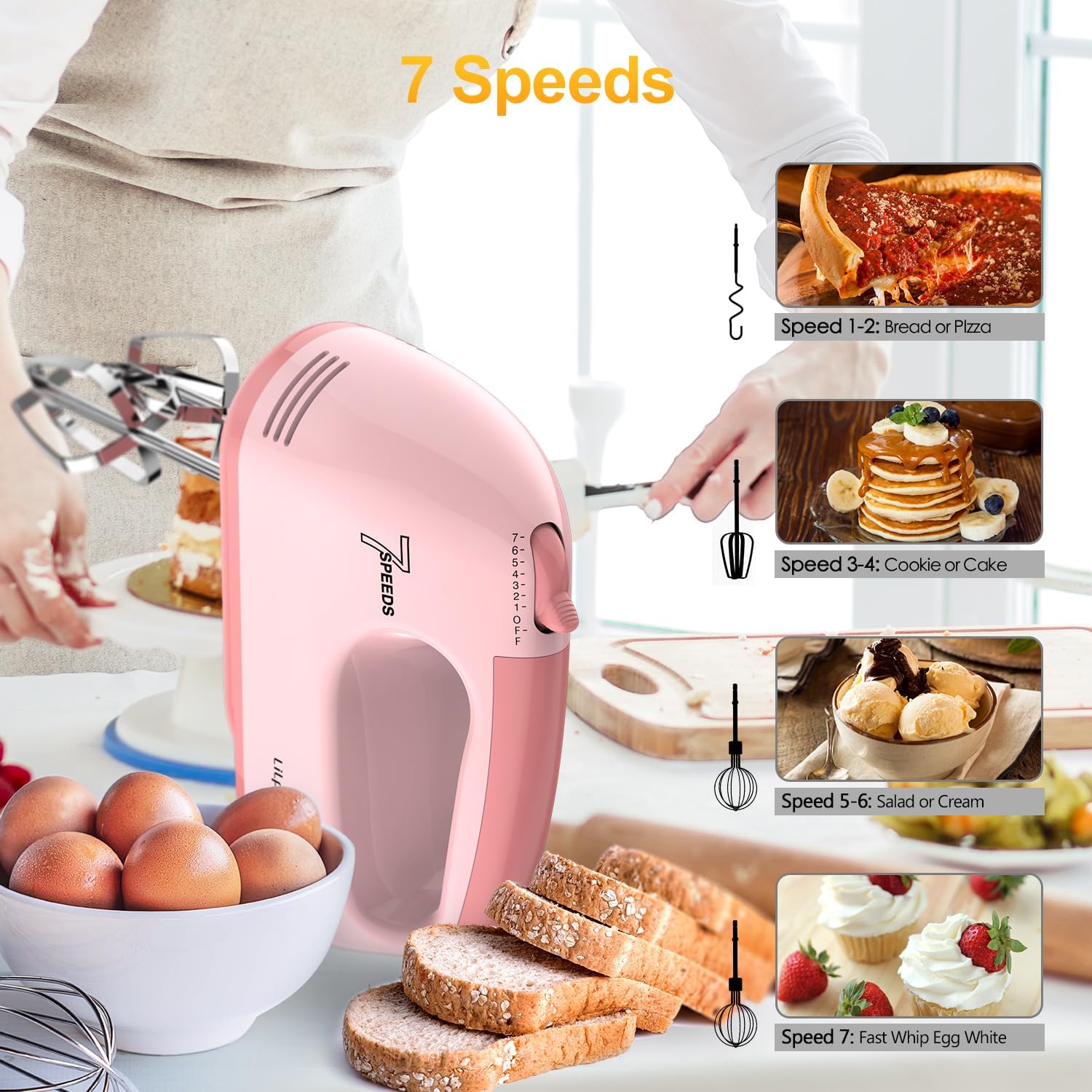 Lilpartner Hand Mixer Electric, 7*Speed 5 * 304 Accessories, Light Pink