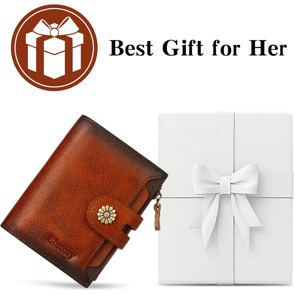 Wallet Women,RFID Blocking Leather Womens Wallet Bifold Compact Card Holder Small Wallet for Women with Removable ID Window Brown