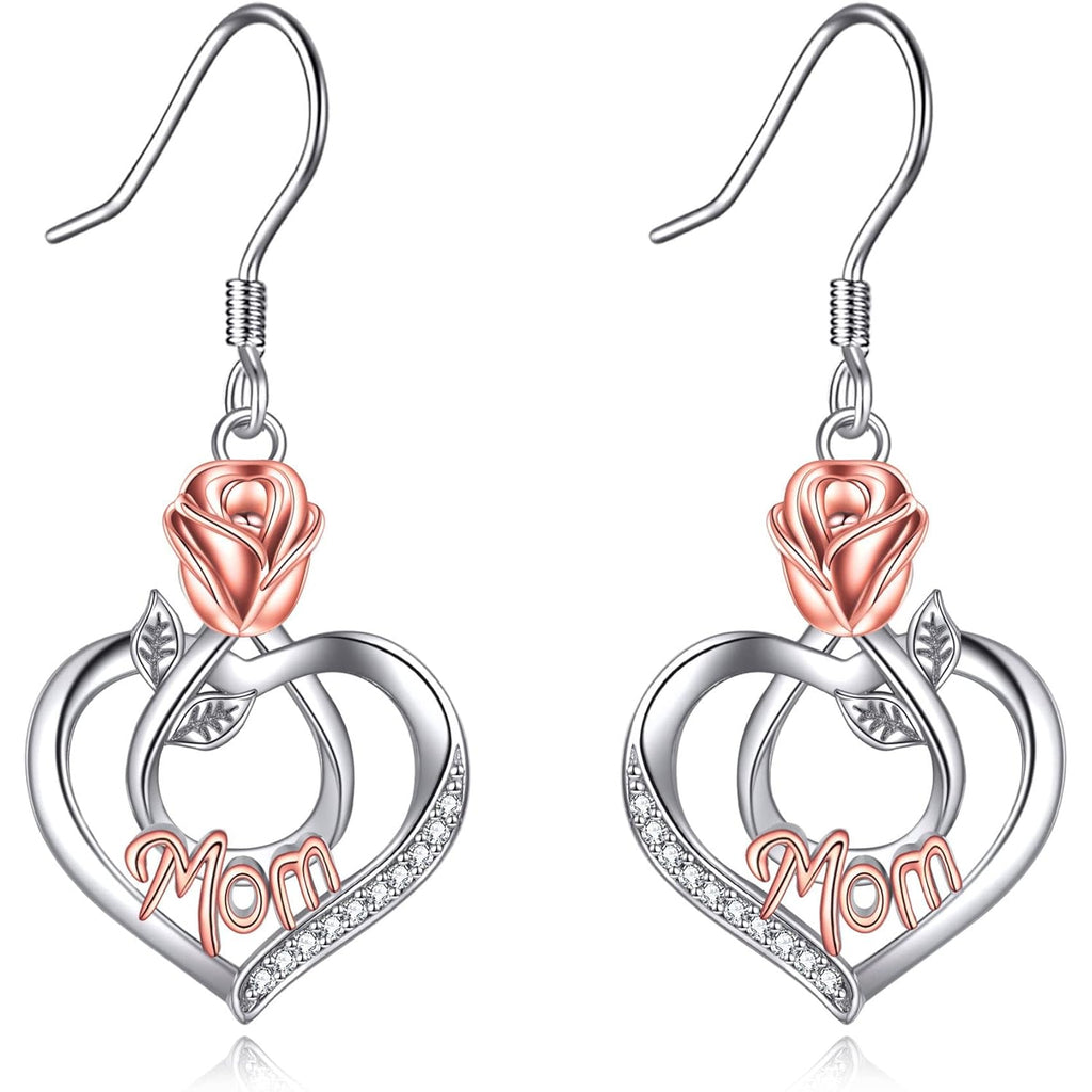 Mothers Day Gifts for Mom Mom Earrings with Rose Flower Love Heart 925 Sterling Silver Crystal Dangle Drop Hook Earrings Jewelry