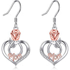 Mothers Day Gifts for Mom Mom Earrings with Rose Flower Love Heart 925 Sterling Silver Crystal Dangle Drop Hook Earrings Jewelry