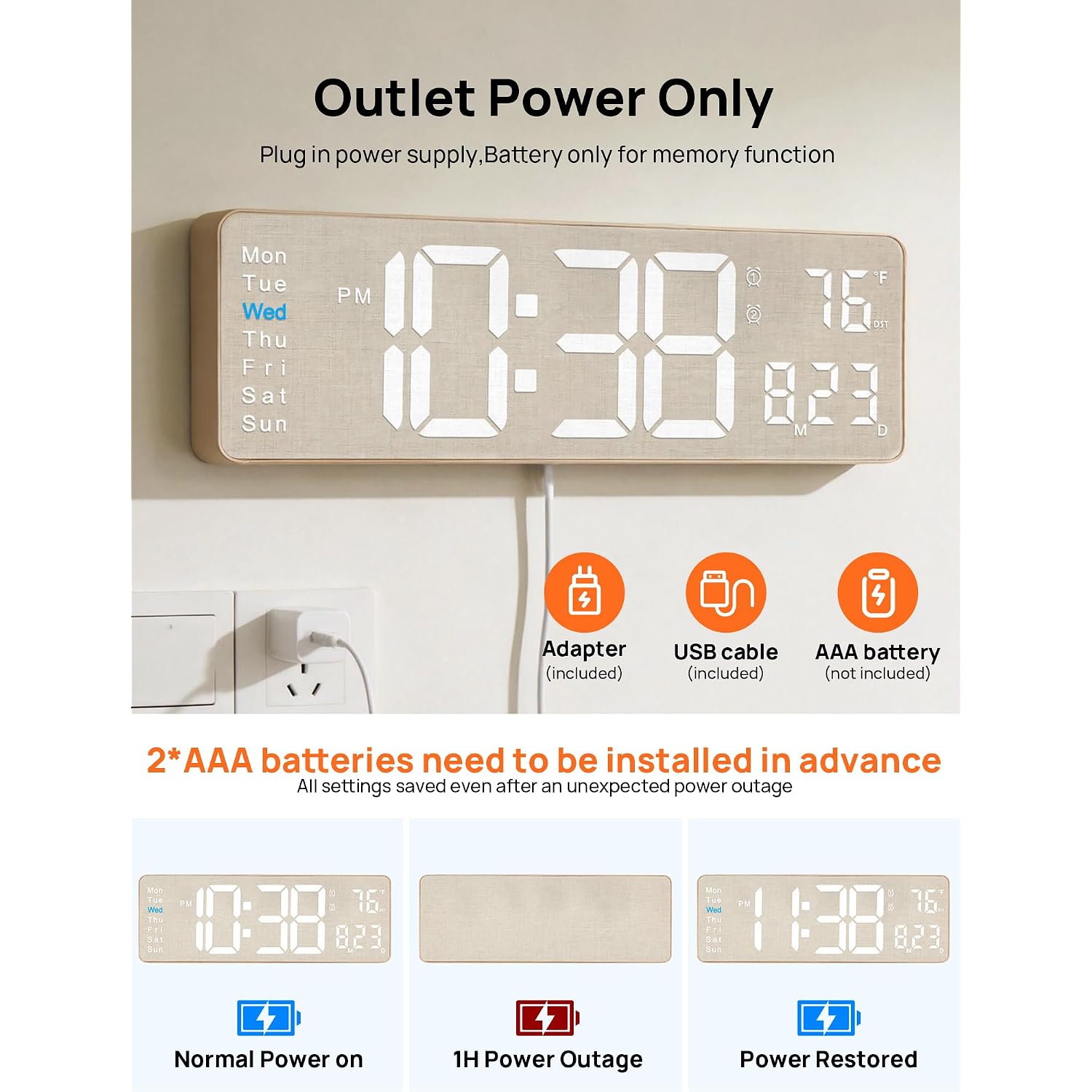 Mashi 2026 Upgrade Digital Wall Clock, 16" Large Display Digital Clock With Remote Control, Auto-Dimming Wall Clock With Night Light, Dst, Date Week,Temp For Living Room, Gift For Elderly (Beige)