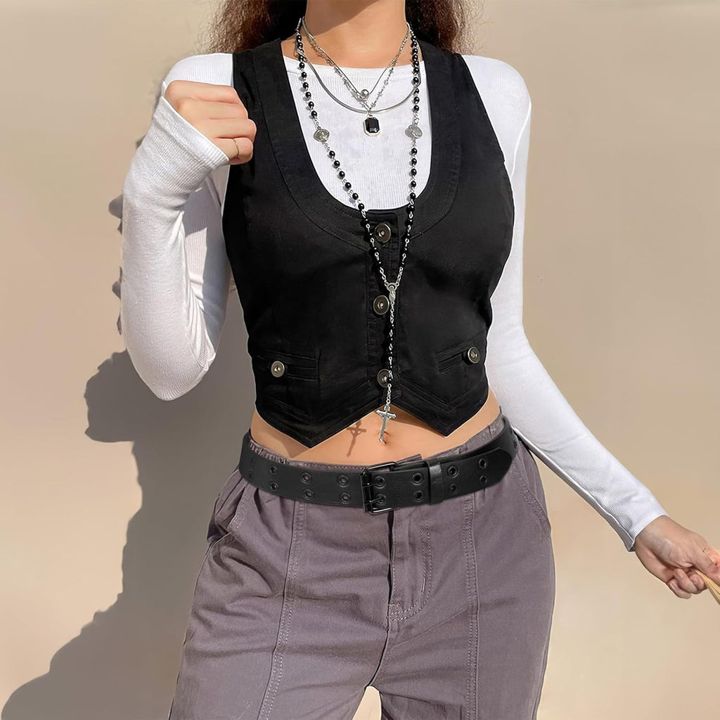 SANSTHS Women Double Grommet Studded Belts, Black Leather Belt for Women Men Punk belt