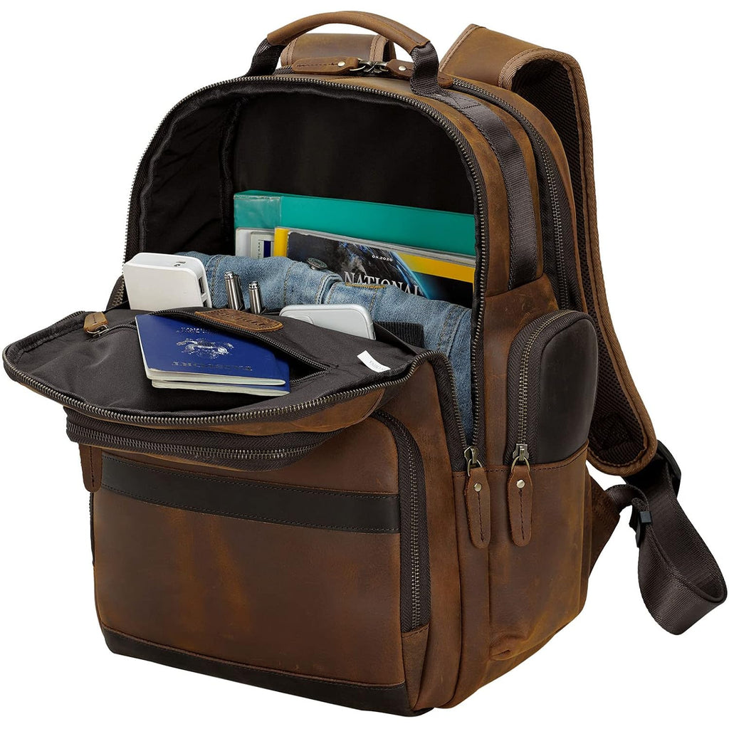 Tiding Men'S Leather Backpack 14"/ 15.6" Laptop Business Travel Daypack | Thick Sponge Padded Laptop & Tablet Sleeves, Water Bottle Holder, Luggage Strap, Anti-Theft Pocket, Large Capacity