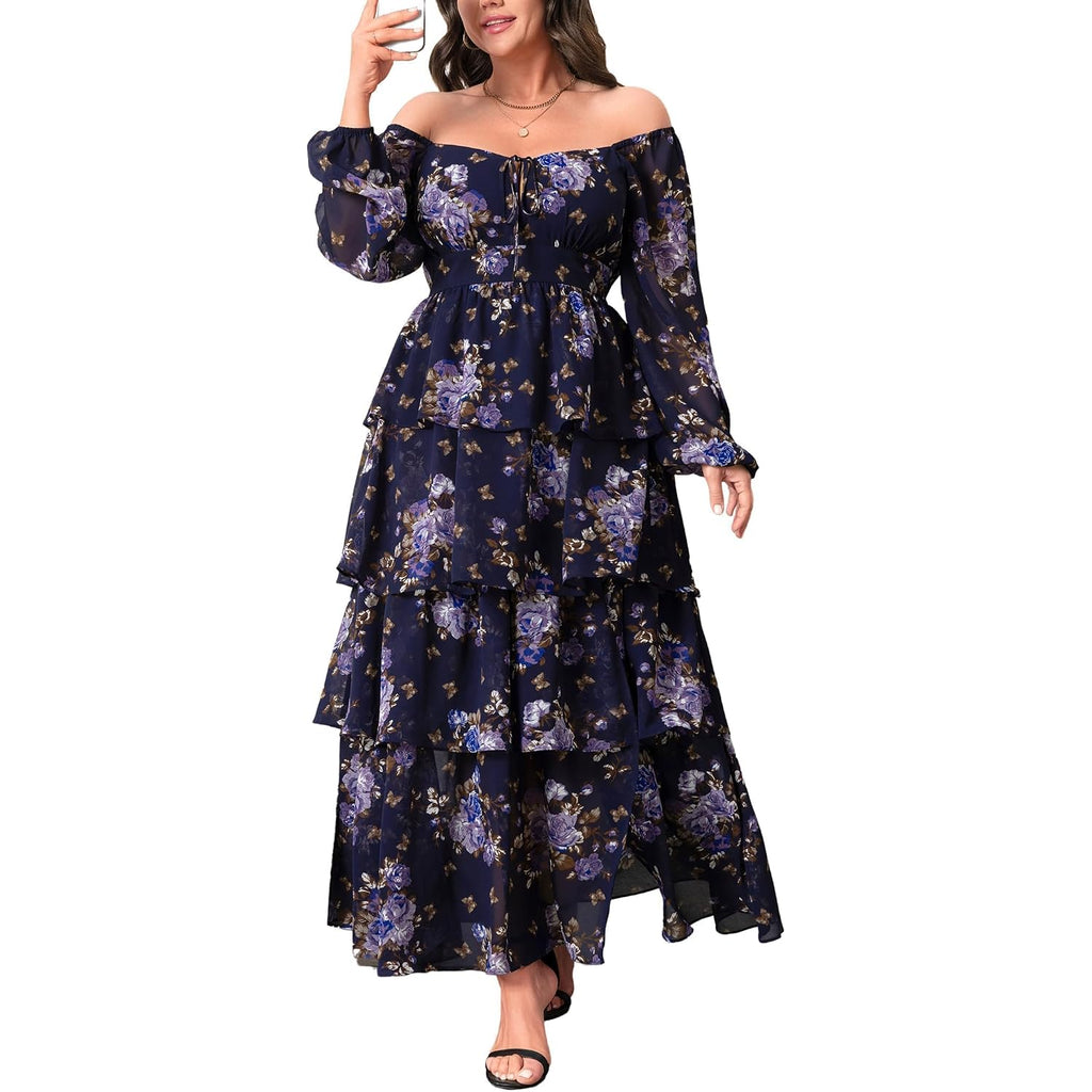 Eywol Womens Plus Size Floral Tiered Ruffle Long Sleeve Evening Party Wedding Guest Dress