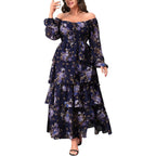 Eywol Womens Plus Size Floral Tiered Ruffle Long Sleeve Evening Party Wedding Guest Dress
