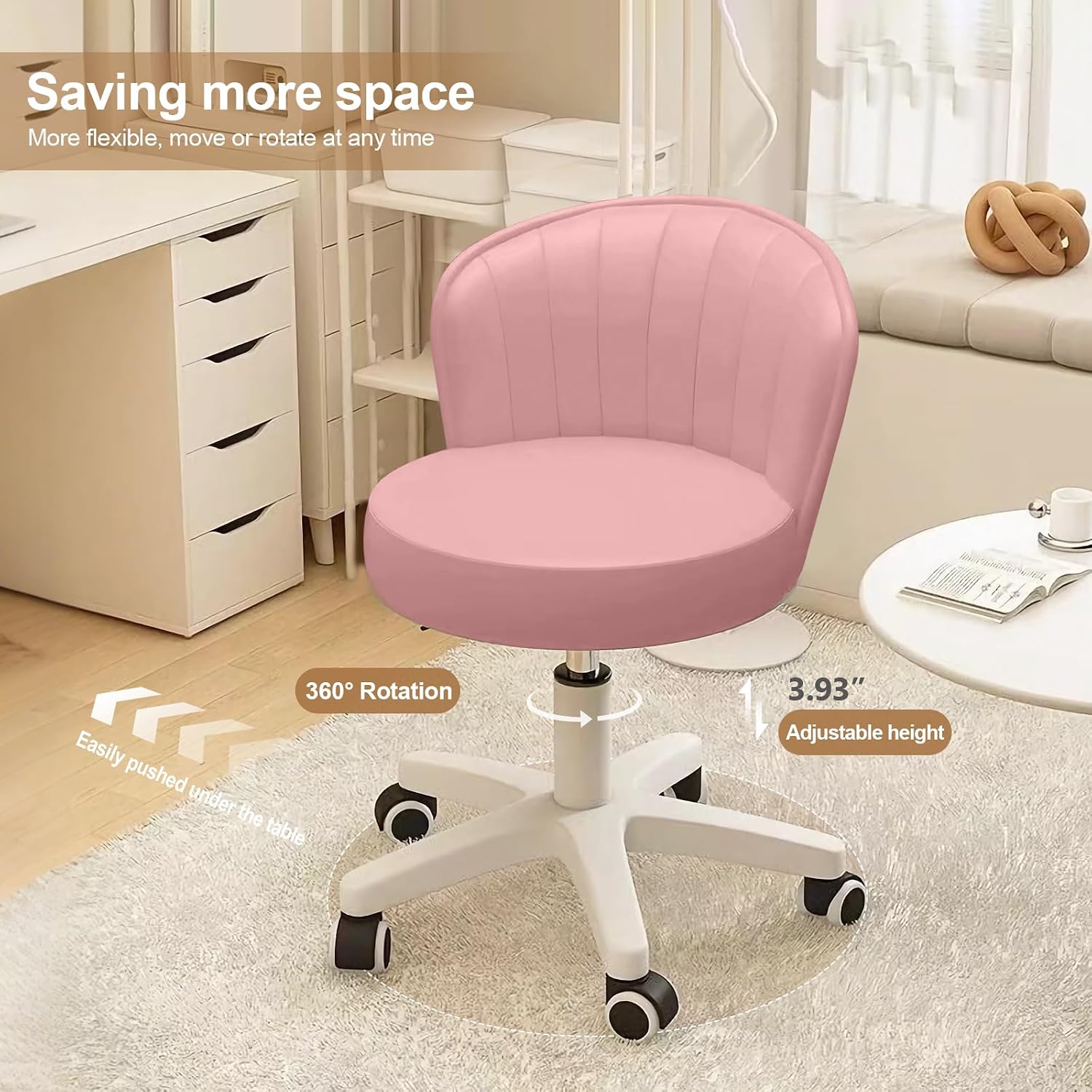 Small Round Rolling Desk Chair Armless Comfy Vanity Computer Chair With Low Backrest Pu Leather Height Adjustable Swivel Work Spa Chair