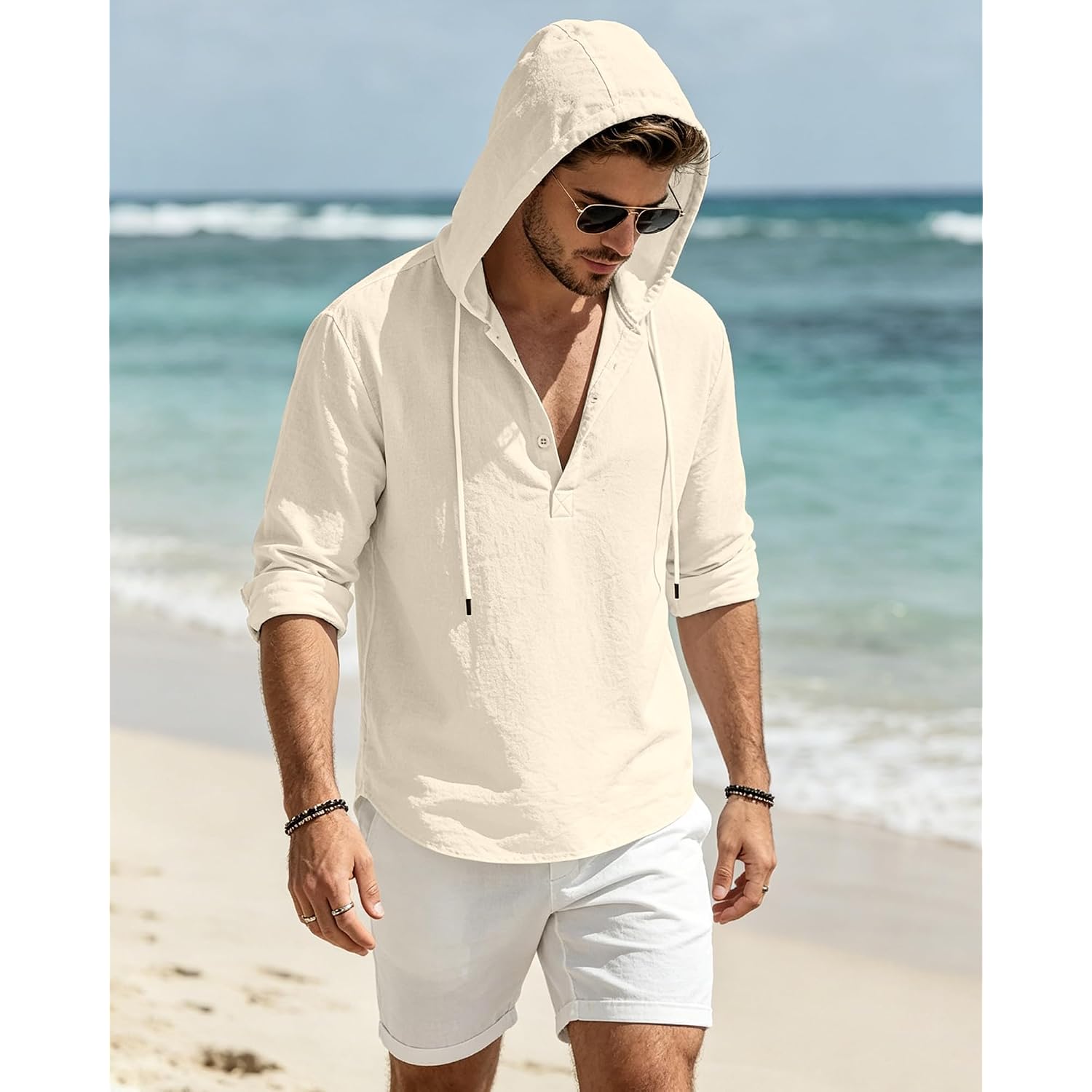 Men'S Cotton Linen Hoodies Casual Hooded Long Sleeve Button Down Shirts Lightweight Casual Hawaiian Beach Sweatshirts