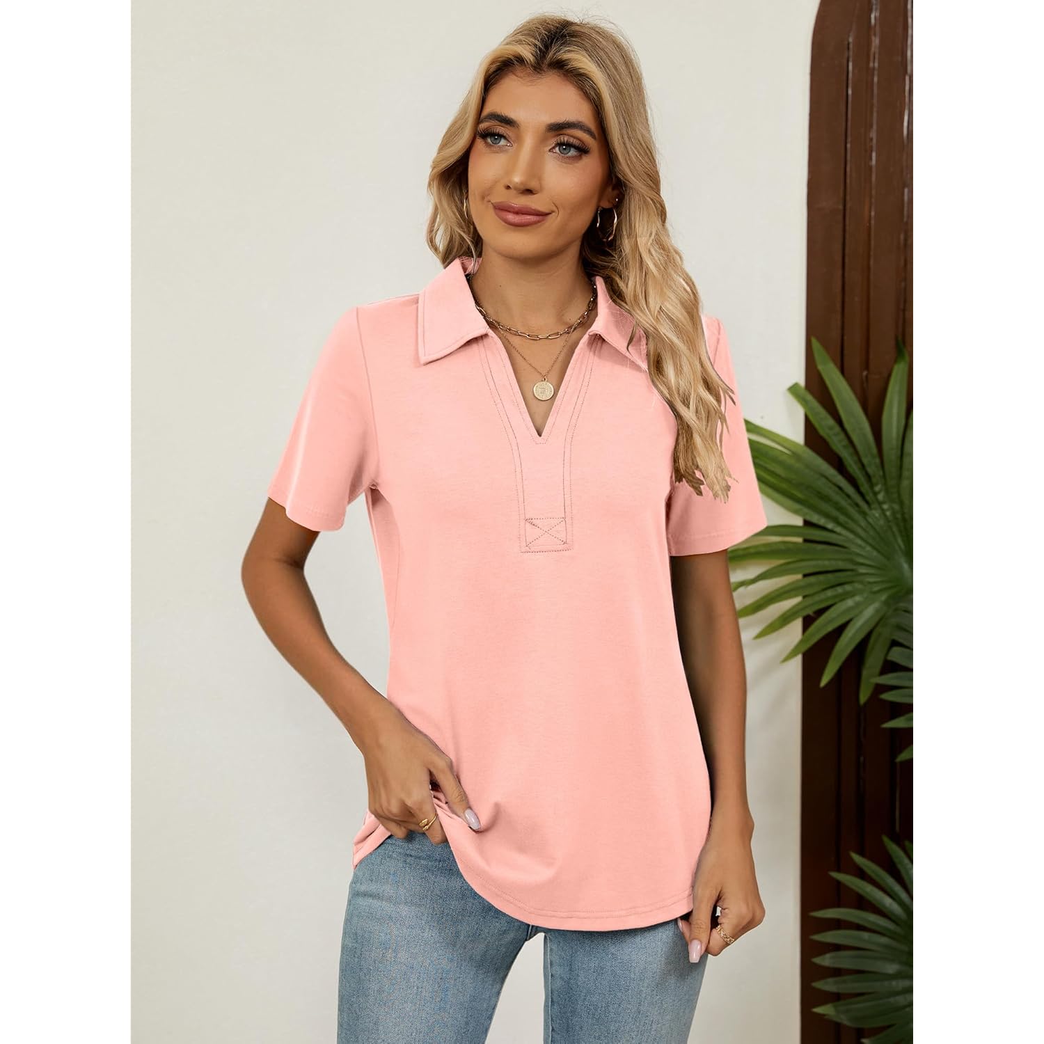Women's 3/4 Length Sleeve V-Neck Collared Tops Summer Business Casual Work Polo Shirts Fashion Outfits 2026