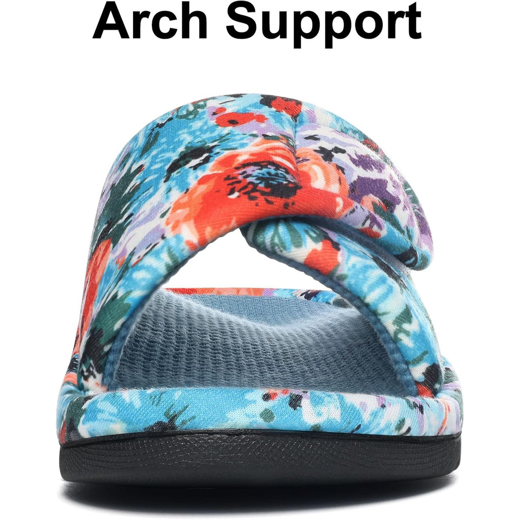 Summer House Slippers For Women With Arch Support Breathable Waffle Cotton Indoor Slippers Slip On Open Toe Home Shoes
