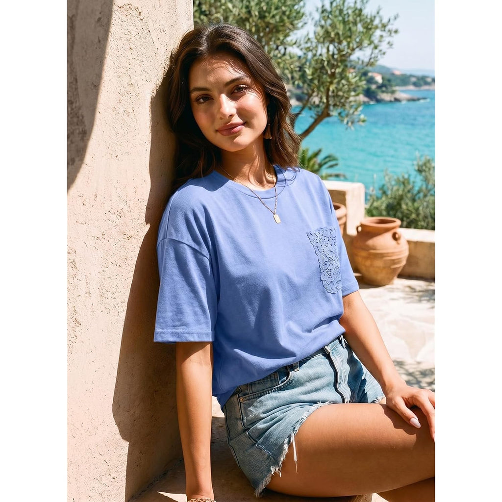 Dokotoo Womens Tops Cute Lace Summer Short Sleeve 2026 Oversized Casual T Shirts Lace Pockets