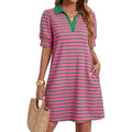 Zesica Womens Summer Striped T Shirt Mini Dresses 2026 Casual Lapel V Neck Short Sleeve Flowy A Line Beach Vacation Dress