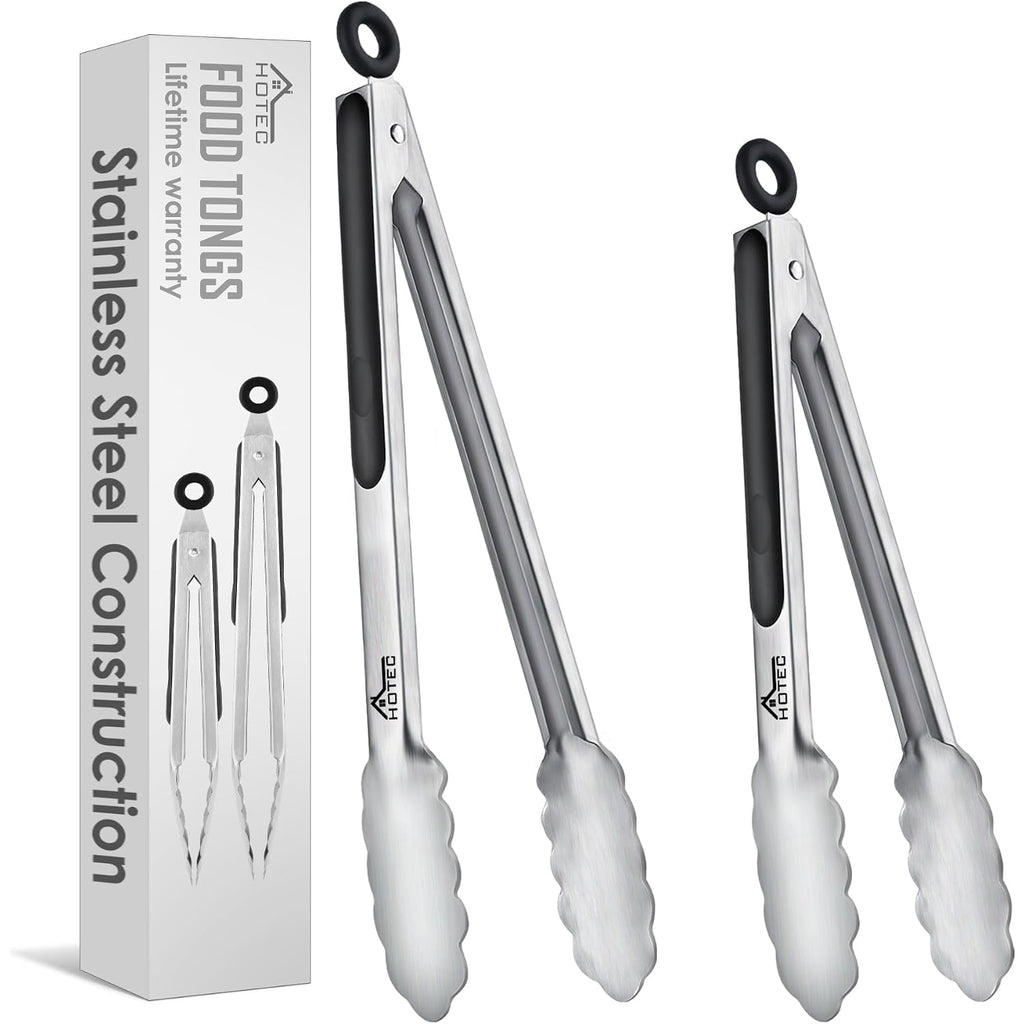 Hotec Stainless Steel Kitchen Tongs, Set Of 2-9" And 12", Locking Metal Food Tongs For Cooking, Serving, Bbq, Grill Non-Slip Grip