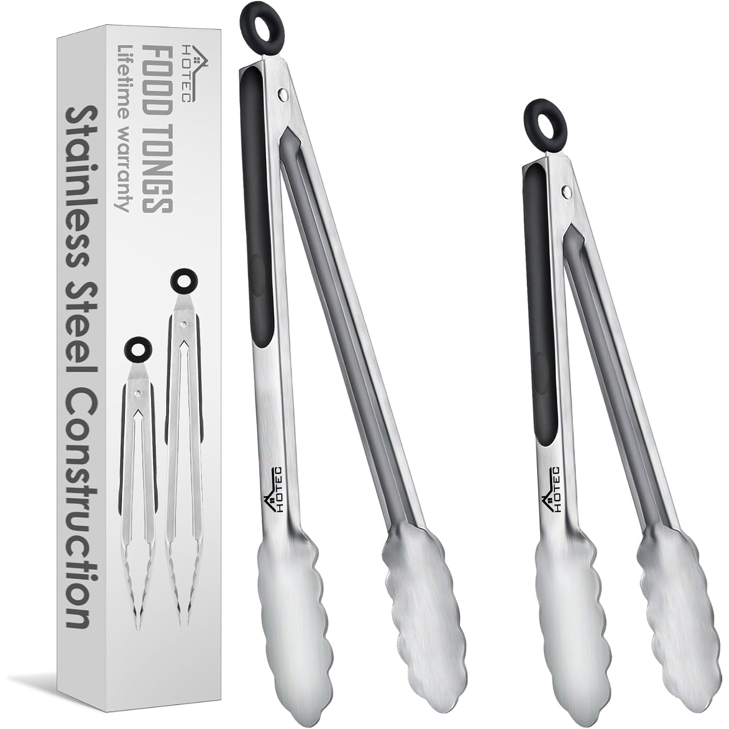 Hotec Stainless Steel Kitchen Tongs, Set Of 2-9" And 12", Locking Metal Food Tongs For Cooking, Serving, Bbq, Grill Non-Slip Grip
