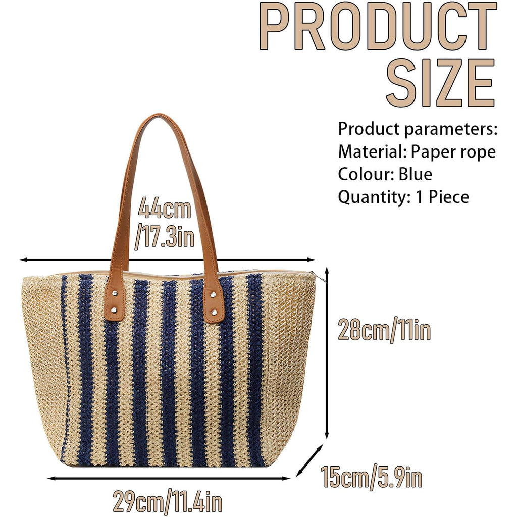 Handmade Woven Striped Tote Bag,Vintage Shoulder Bag,Summer Straw Beach Bag For Women,Blue,1 Piece