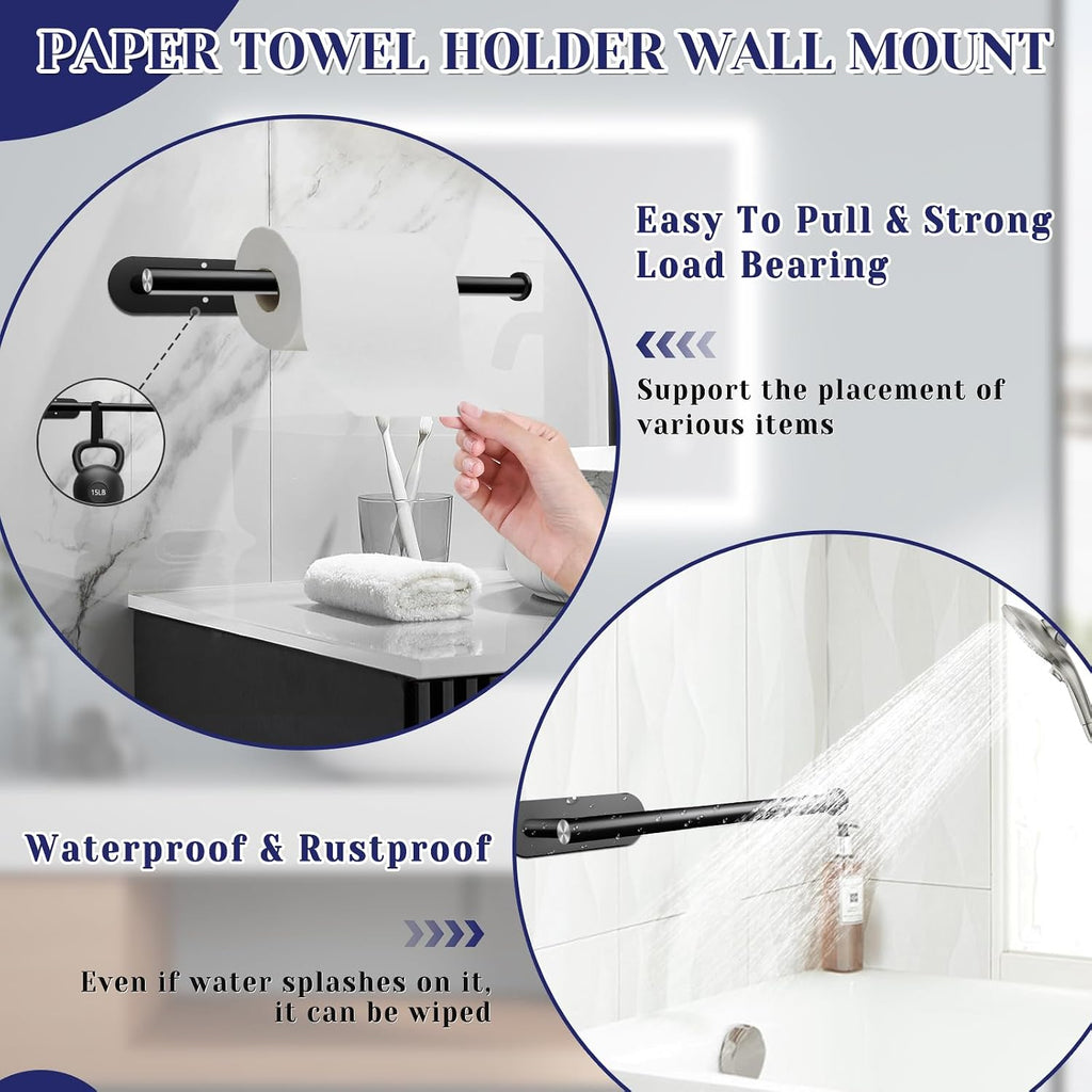 Paper Towel Holder, Self Adhesive Or Drilling Paper Towel Holder Under Cabinet, Stainless Steel Black Paper Towel Holders Wall Mount For Kitchen, Bathroom, Sink, Pantry, Fridge