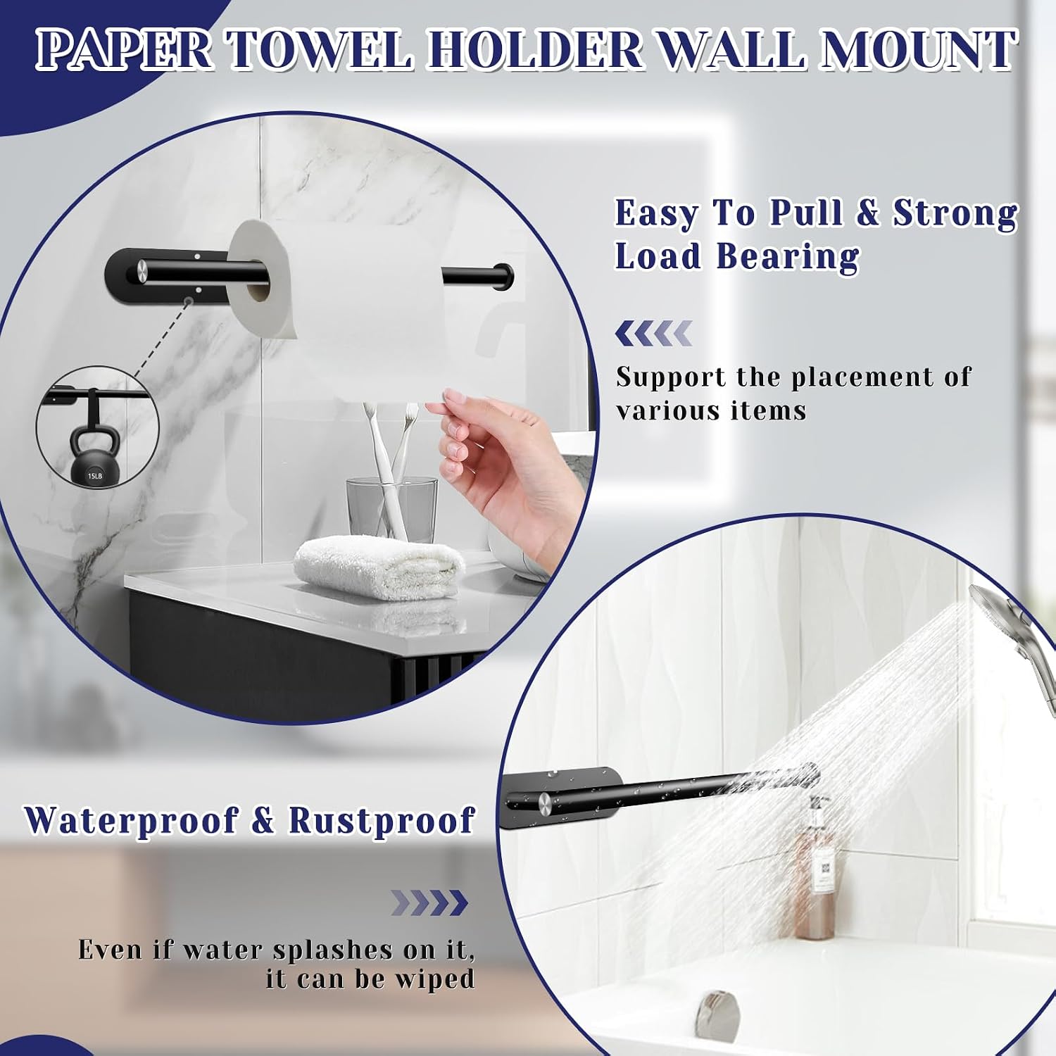 Paper Towel Holder, Self Adhesive Or Drilling Paper Towel Holder Under Cabinet, Stainless Steel Black Paper Towel Holders Wall Mount For Kitchen, Bathroom, Sink, Pantry, Fridge