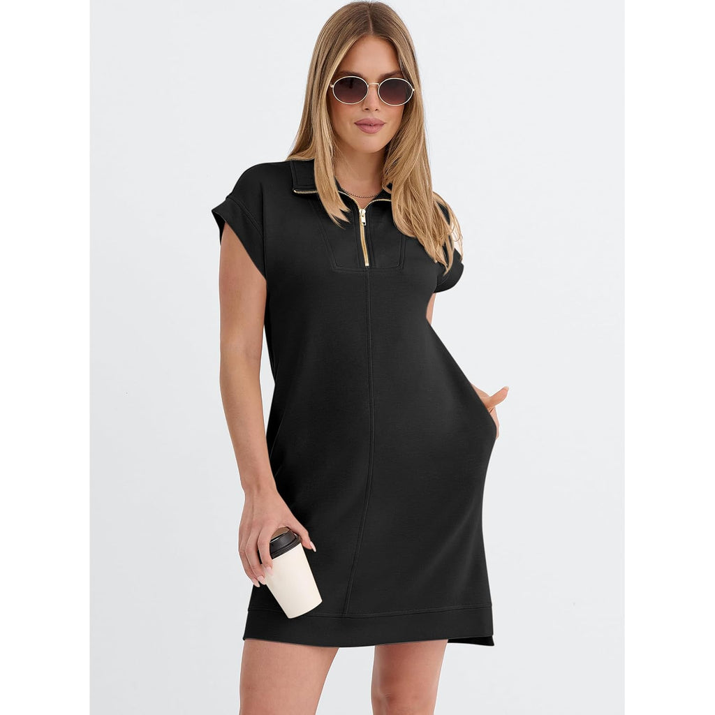 Anrabess Womens Summer Casual Half Zip Cap Sleeve Trendy Wrinkle-Free Tshirt Dress 2026 Spring Beach Vacation Short Dresses