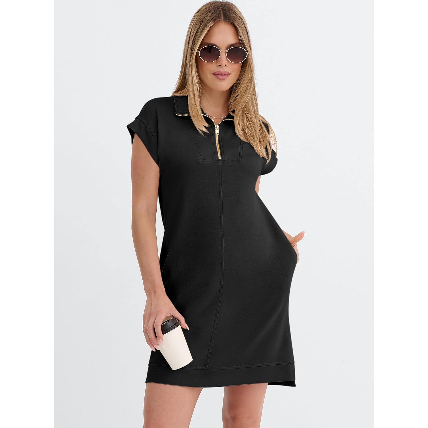 Anrabess Womens Summer Casual Half Zip Cap Sleeve Trendy Wrinkle-Free Tshirt Dress 2026 Spring Beach Vacation Short Dresses