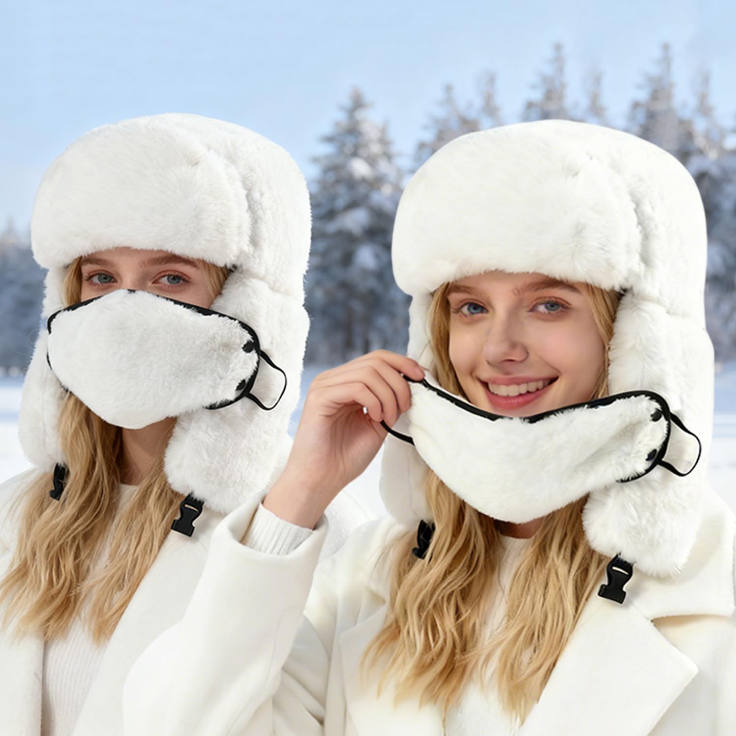 Winter Fur Hat with Removable Face Mask Fuzzy Russian Ushaka Furry Trapper Hat with Ear Flaps for Women Men Skiing Hiking