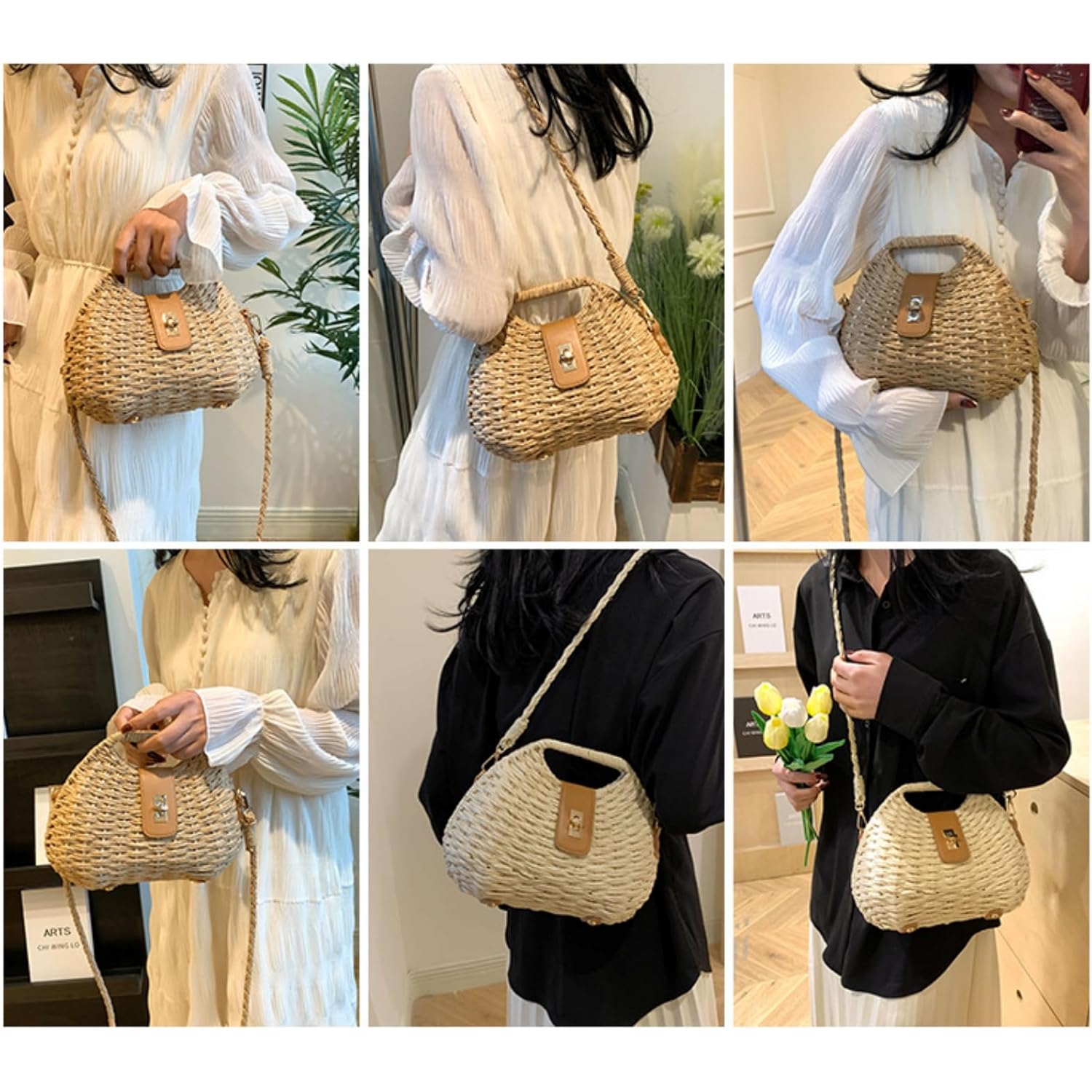 Handmade Straw Woven Bag Beach Clutch Purses Women Vacation Shell Shoulder Crossbody Summer Dumpling Handbag Basket Tote