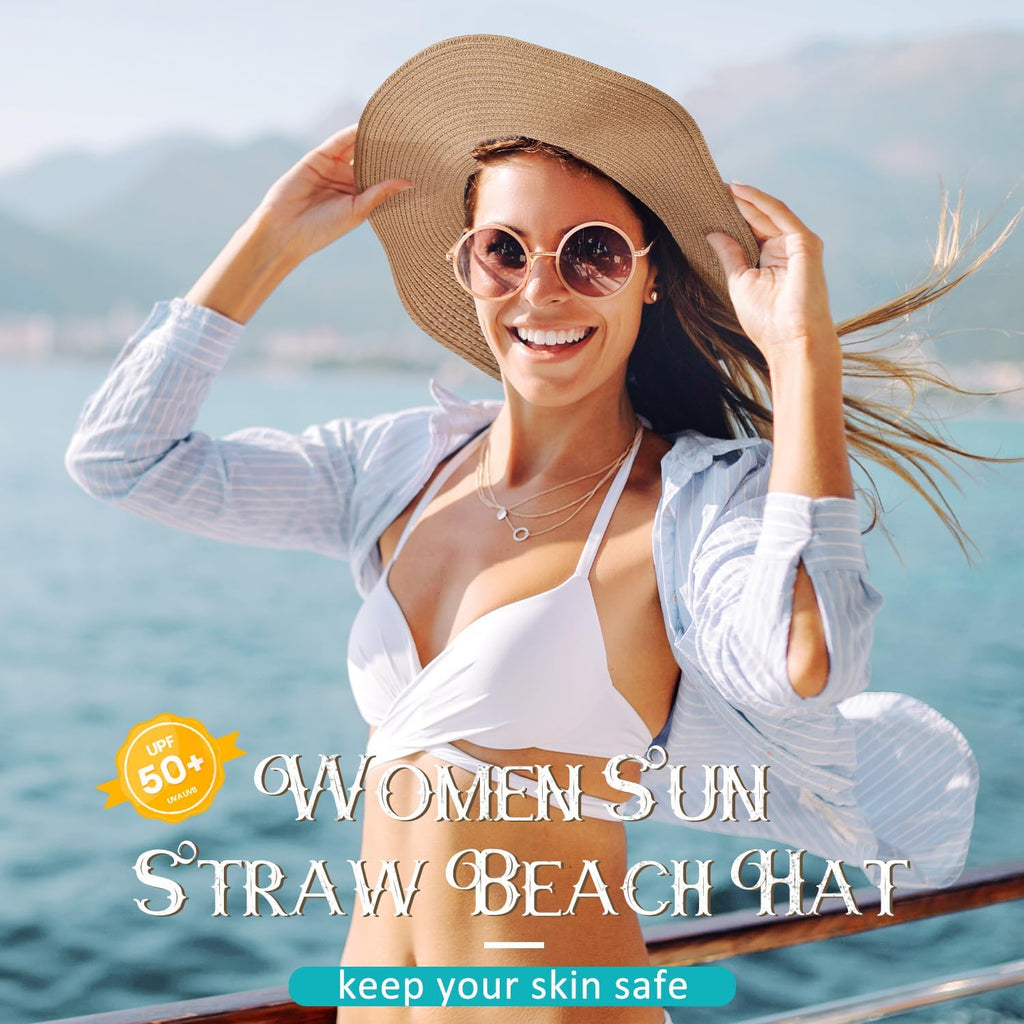 Beach Sun Hats for Women, Straw Hat for Women, Womens Sun Hat UPF 50+ UV Protection, Summer Hats Packable Foldable Khaki-the Best You