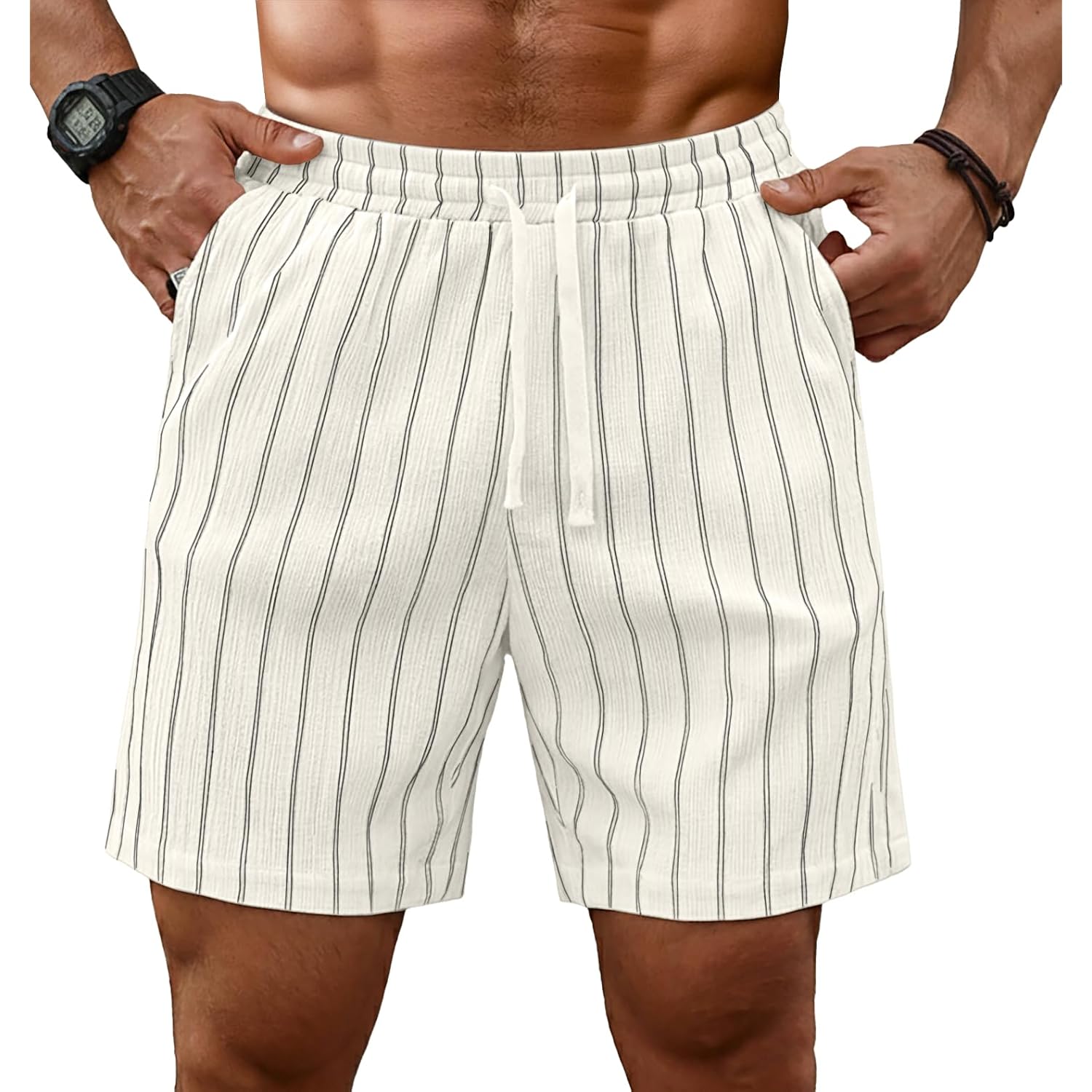 Sailwind Mens Striped Casual 7" Shorts Summer Beach Elastic Waist Drawstring Shorts With Pockets