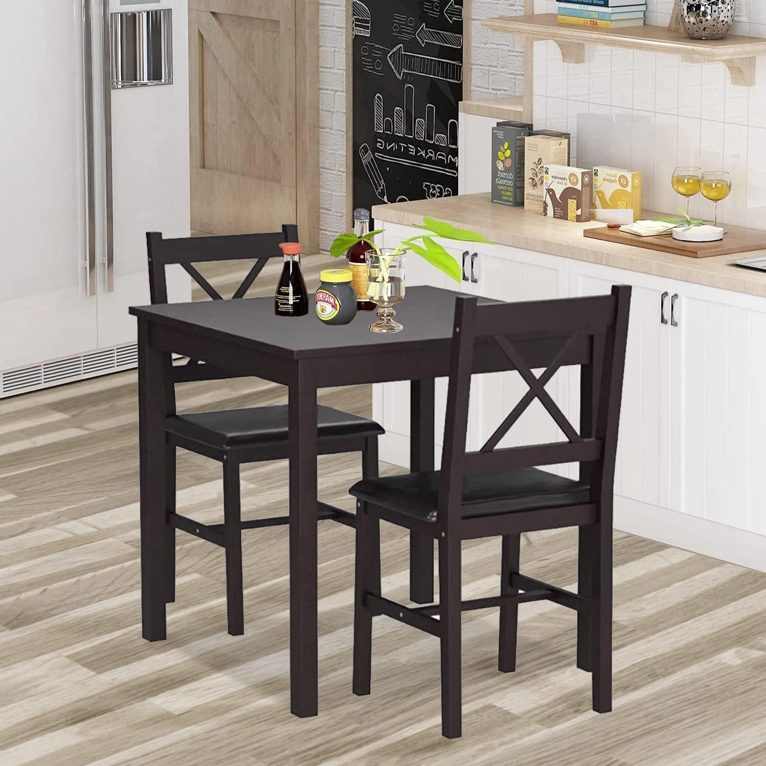 3-Piece Solid Wood Kitchen Table Set For 2 | Pine Dining Table With Upholstered Chairs | Space-Saving Design | Smooth Easy-To-Clean Surface | For Dining Room, Apartment, Restaurant, Dark Brown