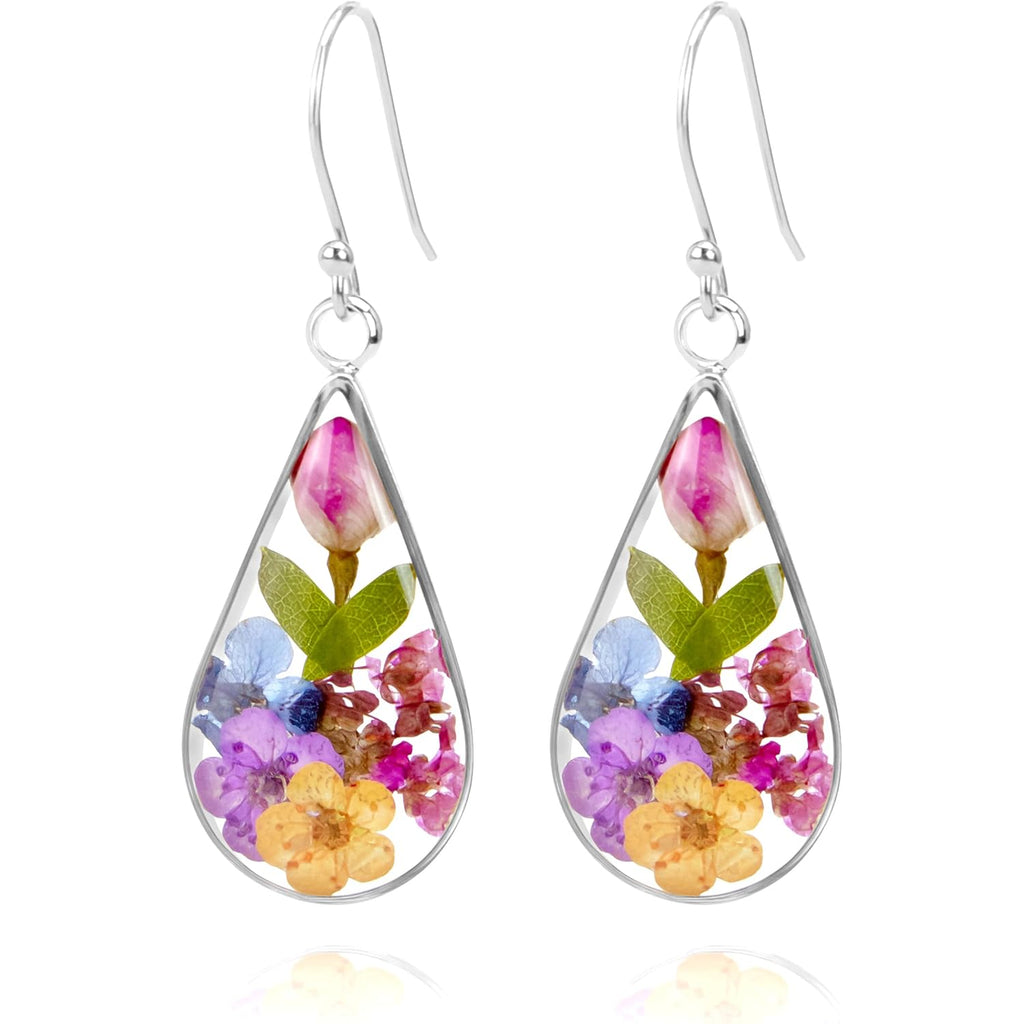 925 Sterling Silver Pressed Flower Teardrop Earrings,Hypoallergenic Women's Jewelry Gift for Mom and Wife,Handmade Natural Dried Flower Teardrop Earrings Jewelry Gift