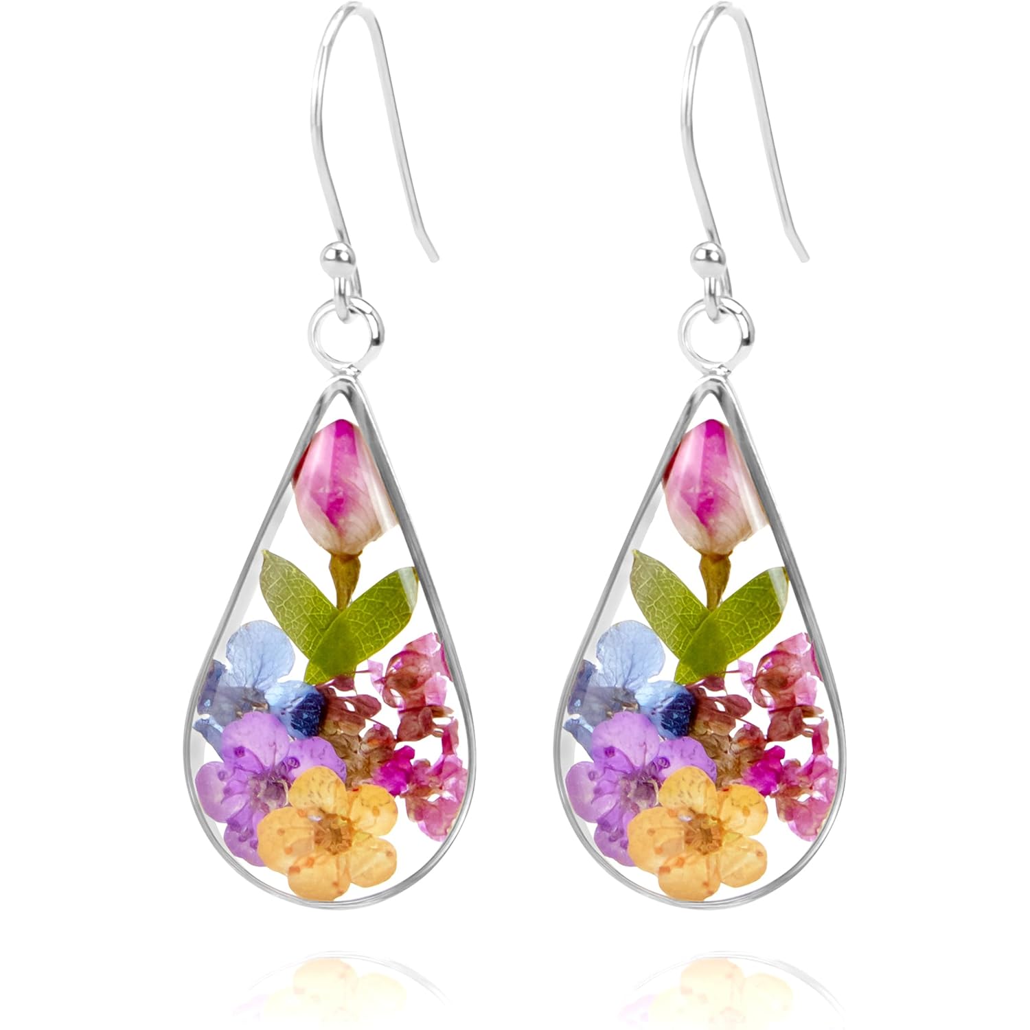 925 Sterling Silver Pressed Flower Teardrop Earrings,Hypoallergenic Women's Jewelry Gift for Mom and Wife,Handmade Natural Dried Flower Teardrop Earrings Jewelry Gift