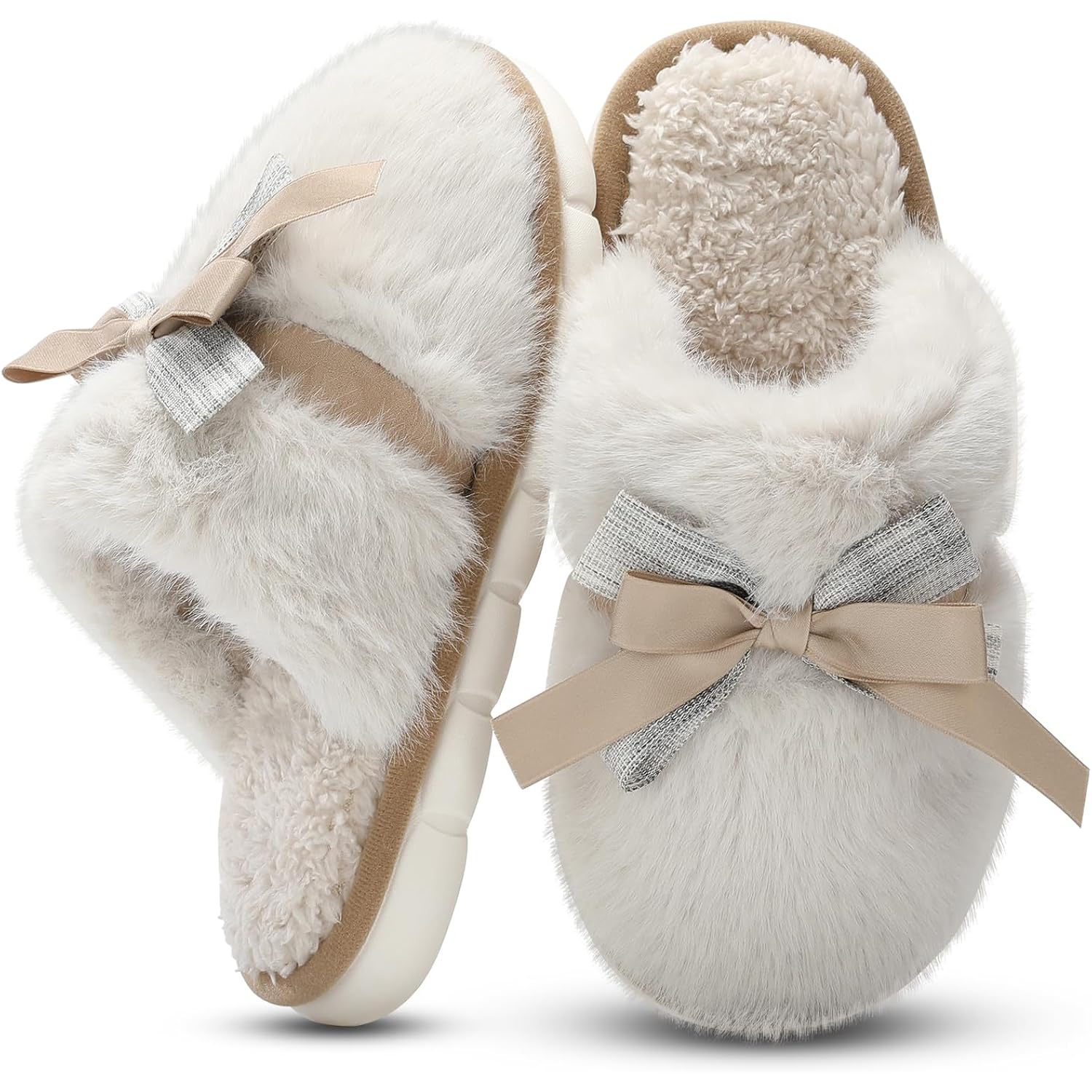 Cute Women'S Memory Foam House Slippers - Fuzzy Plush Faux Fur Slippers With Bow Butterfly Tie - Anti-Skid Indoor/Outdoor Gifts For Women, Moms & Ladies