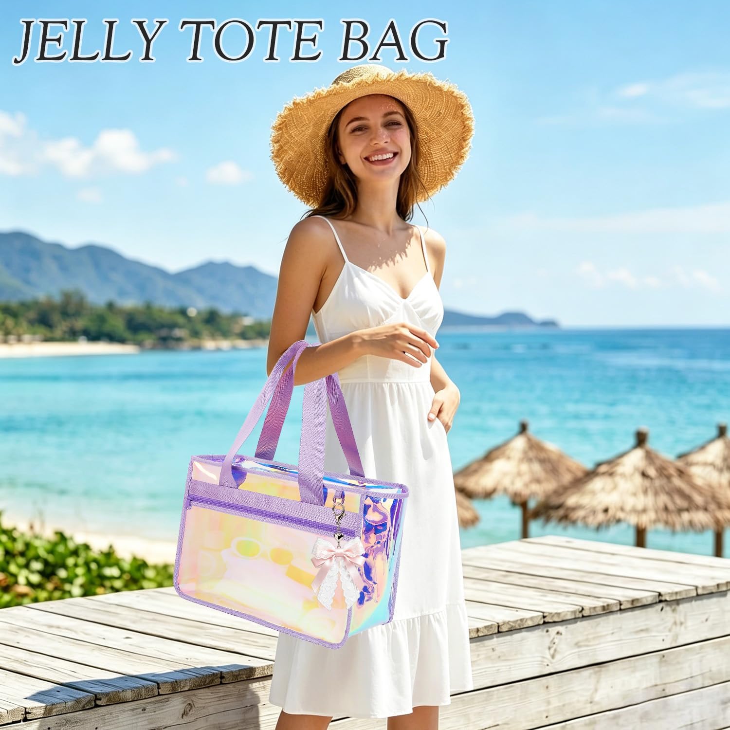 Fammart Iridescent Clear Beach Bags Waterproof Sandproof For Women, Large Jelly Tote Zipper Pool Bag Cruise Essentials 2026