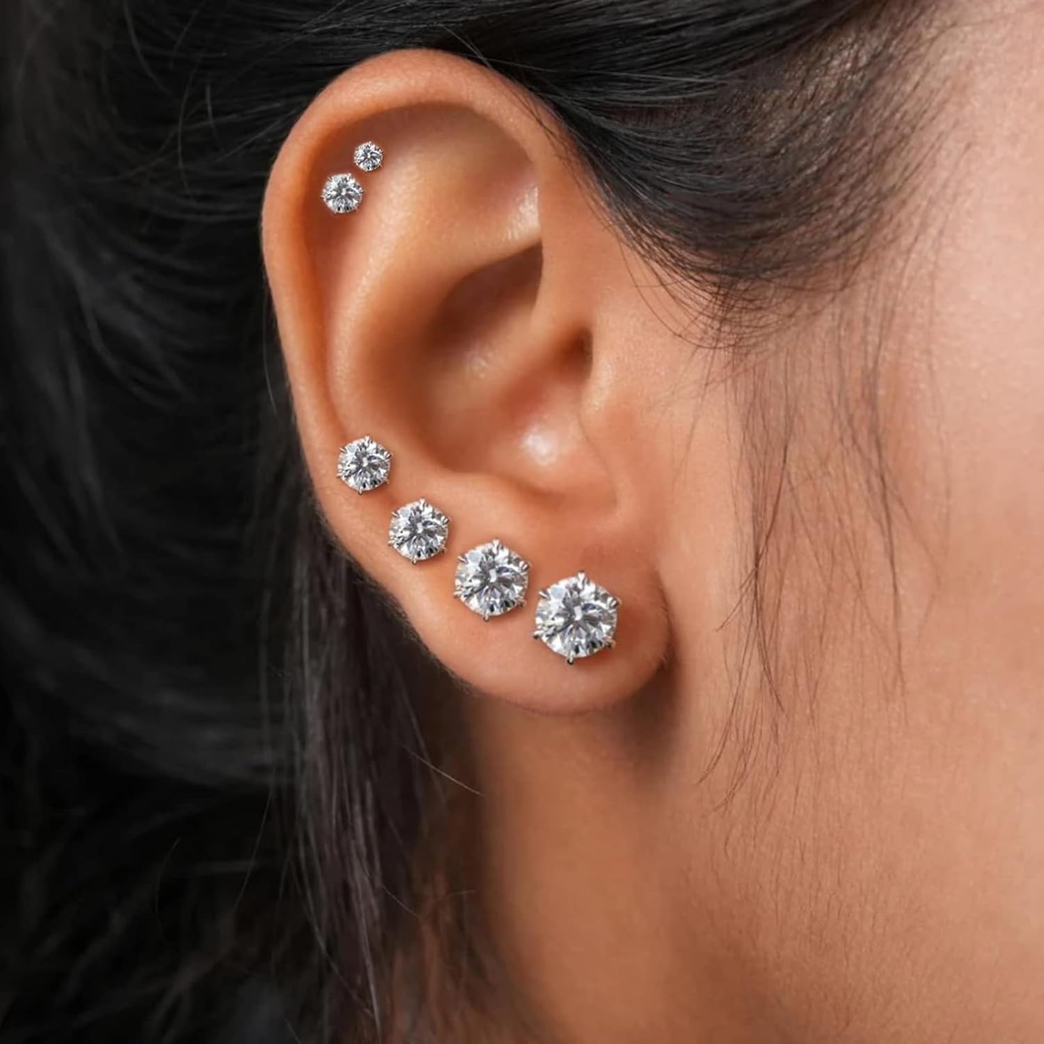Ringcal Stainless Steel Stud Earrings Set Hypoallergenic Cubic Zirconia 14K White Gold CZ Earrings for Women