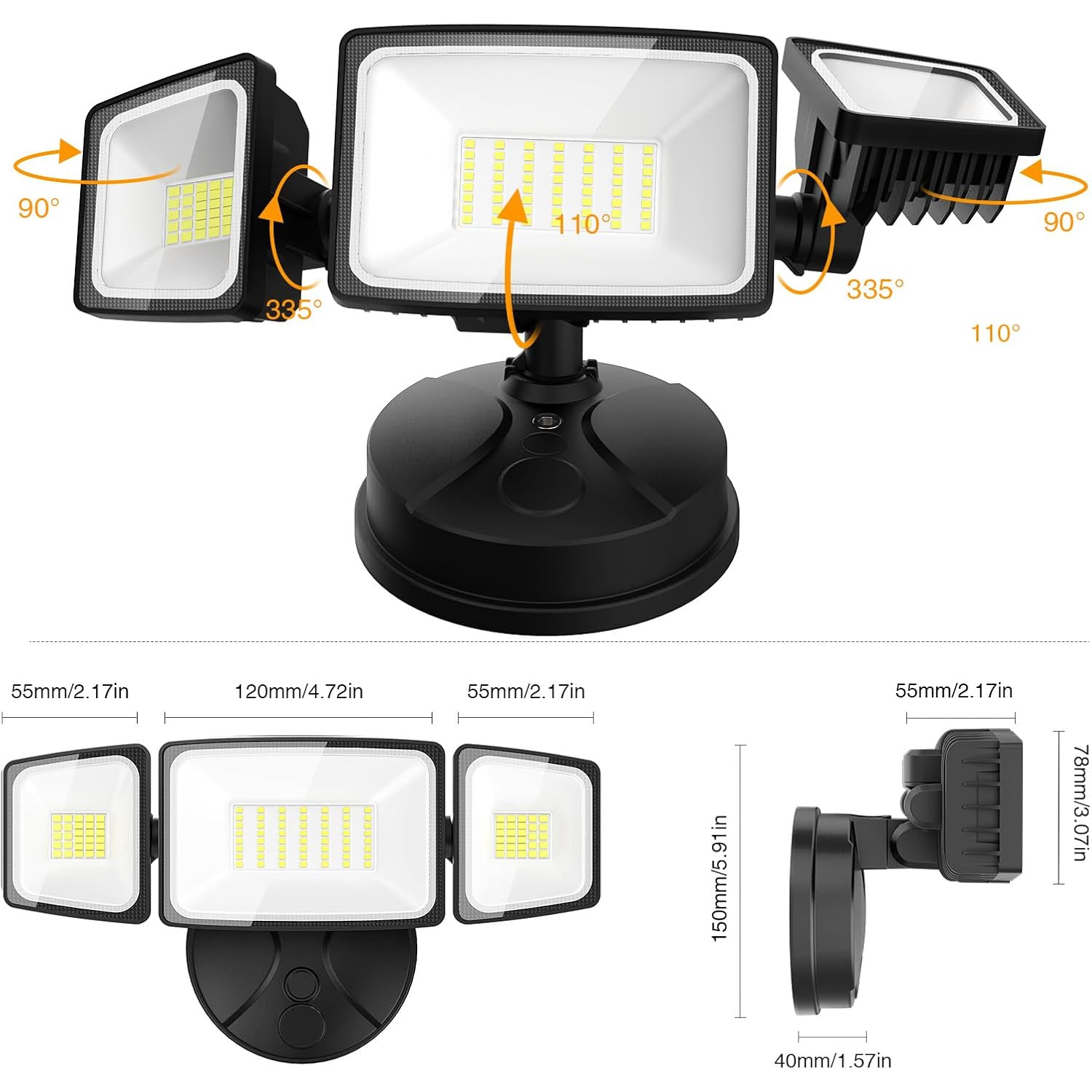 Onforu 75W Flood Lights Outdoor, 7000Lm Brightness Security Lights Switch Controlled, 3 Adjustable Heads, Ip65 Waterproof, 6500K Wall Mount Exterior Led Flood Light