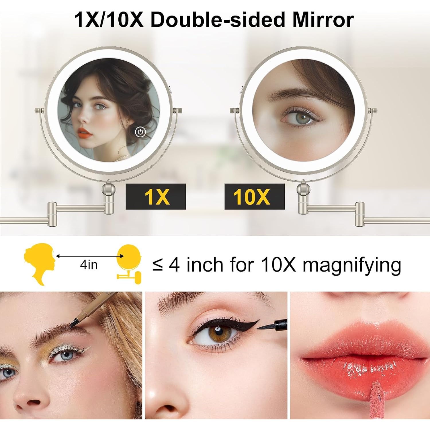 Imikona 9" Wall Mounted Lighted Makeup Mirror,4000Mah Rechargeable Double Sided 1X/10X Magnifying Mirror With Light,3 Color Lights,Touch Dimmable,Extended Arm 360 Rotation Wall Mounted Makeup Mirror