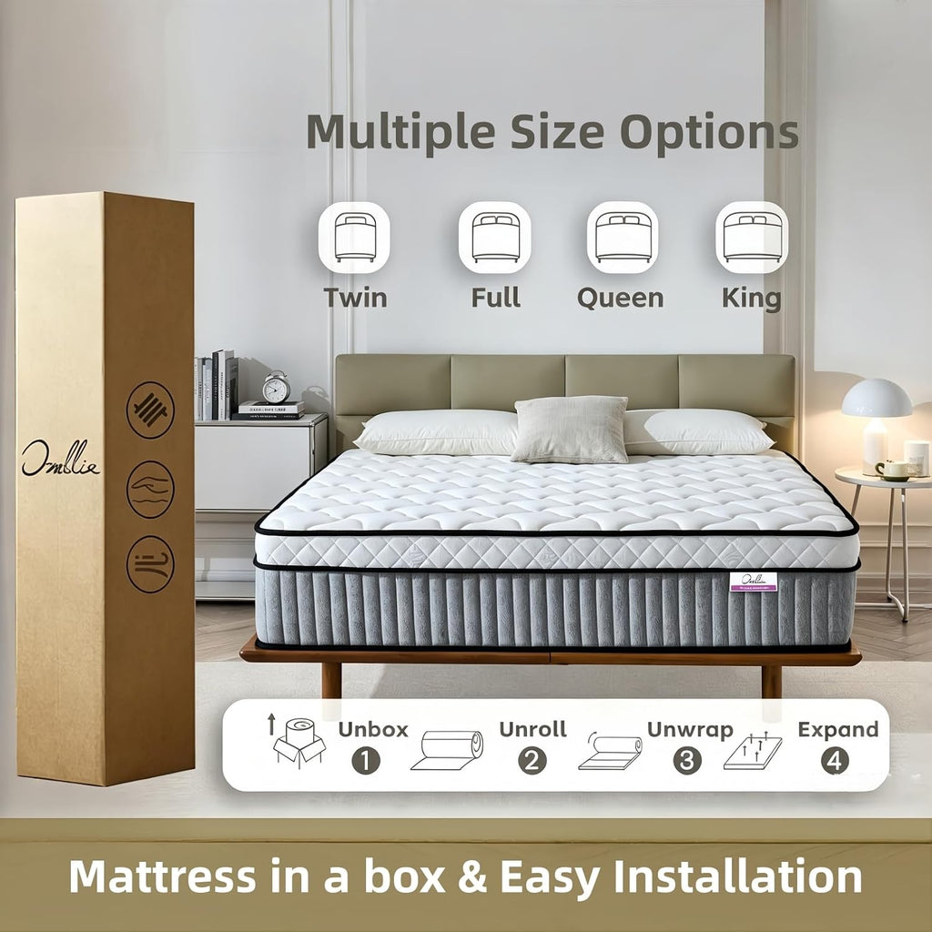 Omblix Queen Mattress, 12 Inch Queen Size Mattress,Hybrid Mattresses In A Box With Memory Foam And Individual Pocketed Coil,Certipur-Us,Medium Firm & Pressure Relief