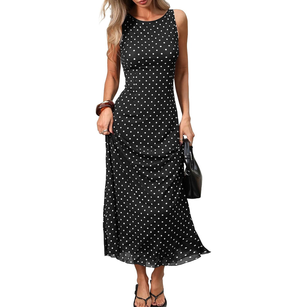 Elleven Women’S Polka Dot Maxi Tank Dress, Sleeveless Boat Neck Bodycon Slim Fit Elegant Long Dress