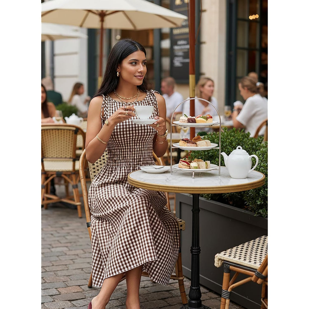 Acelitt Summer Maxi Dresses For Women 2026 Smocked Waist Gingham Dress Flowy A Line Beach Long Sundresses With Pockets