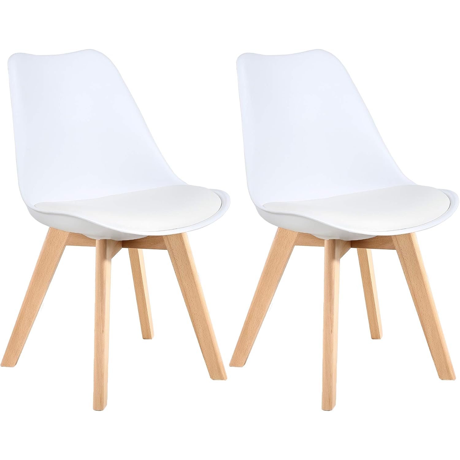 Lssbought Mid Century Modern Dining Chairs,Shell Lounge Plastic Side Chair With Soft Padded And Wooden Legs For Dining Room Living Room Bedroom Kitchen Set Of 2 (White)