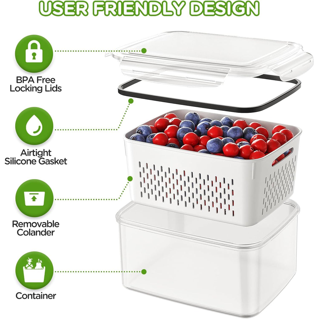 4 PCS Fruit Storage Containers for Fridge, Produce Containers for Fridge with Removable Colander, All-In-One Fruit Washing Bowl with Strainer Microwave/Dishwasher Safe for Salad Berry Lettuce Keeper