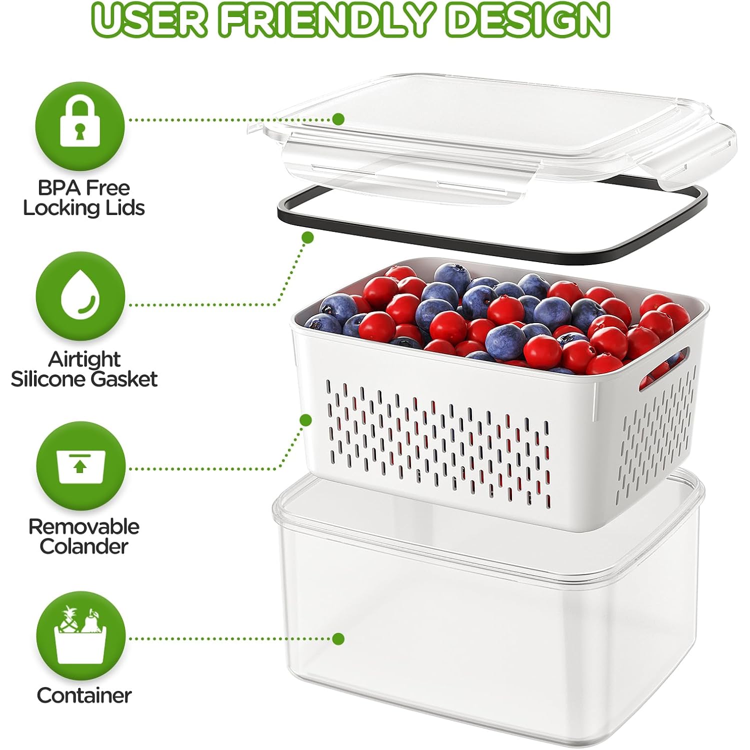 4 PCS Fruit Storage Containers for Fridge, Produce Containers for Fridge with Removable Colander, All-In-One Fruit Washing Bowl with Strainer Microwave/Dishwasher Safe for Salad Berry Lettuce Keeper