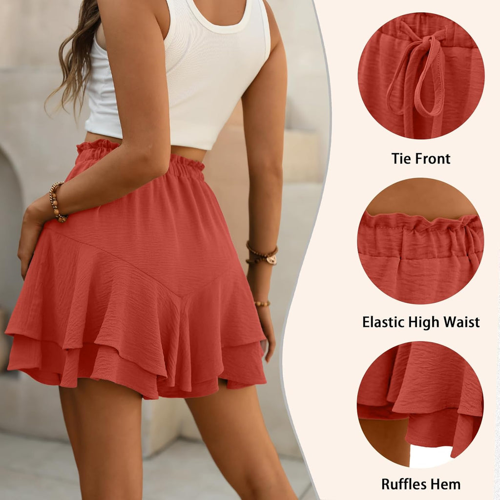 Flowy Shorts for Women Boho Ruffle Tiered Butterfly Skorts High Waist Mini Skirts Casual Shorts