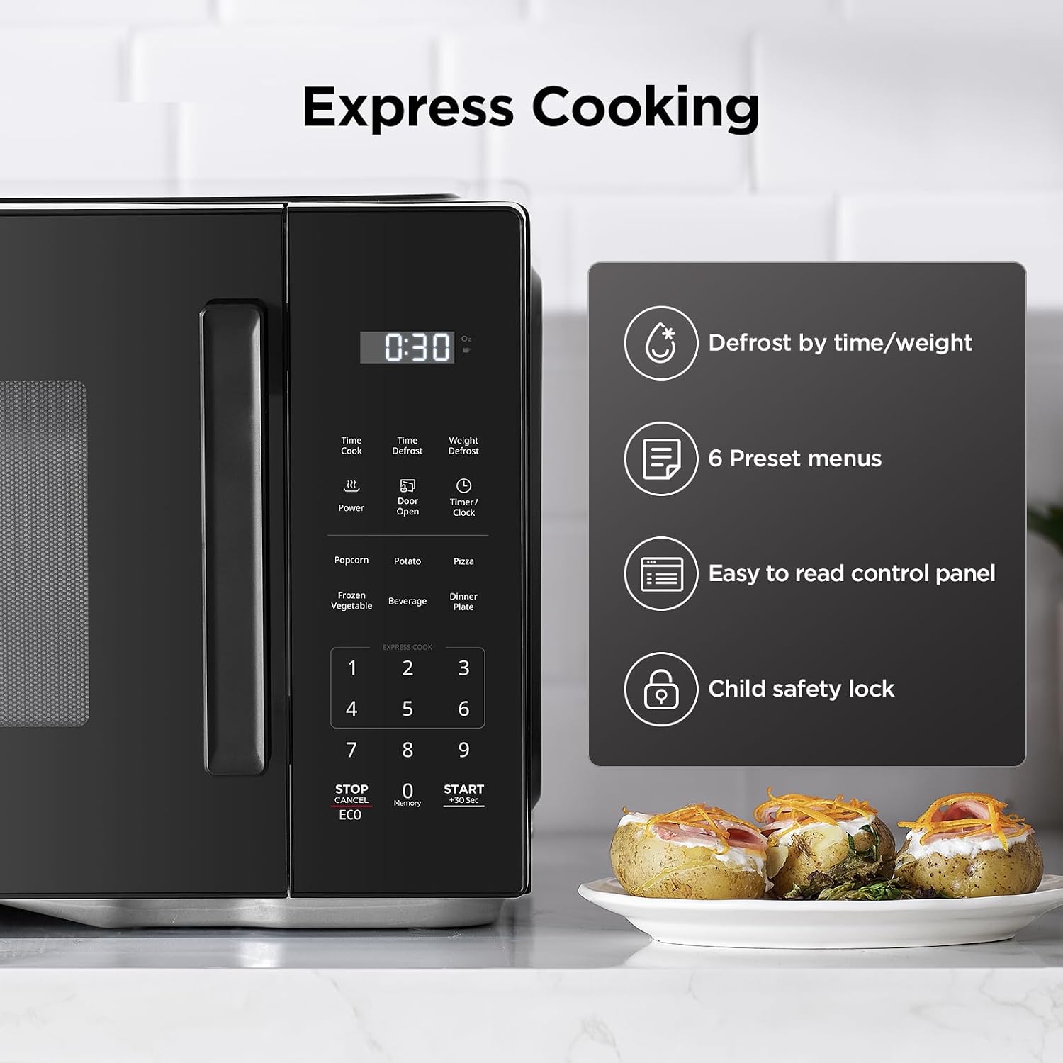 Black+Decker Em9P02P9 Countertop Microwave Oven, 0.9 Cu Ft, 900W With 6 One-Touch Presets, Express Cooking, 10 Power Levels, And Child Safety Lock, Black