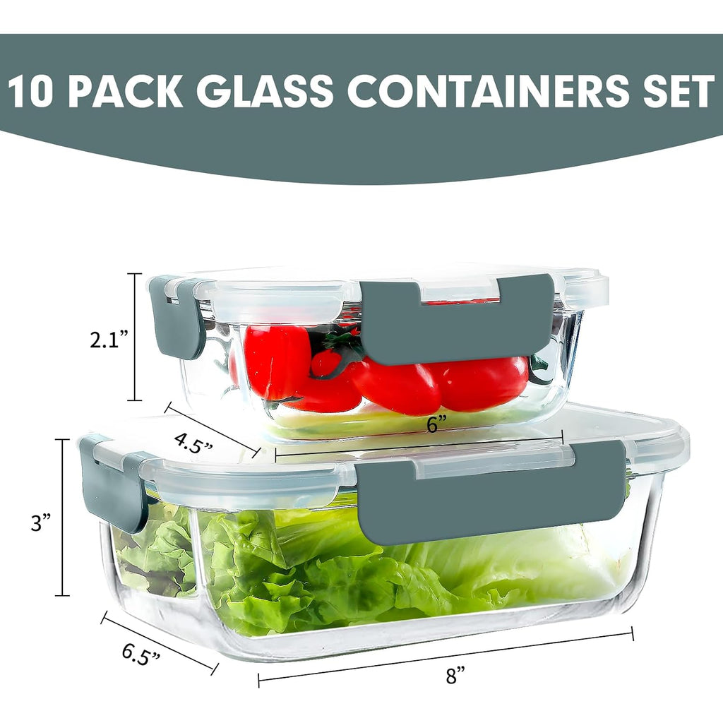 Verones 10 Pack Glass Meal Prep Containers, Airtight Glass Lunch Containers, Stackable Glass Food Storage Containers Set With Lids,Bpa-Free, For Microwave, Oven, Freezer & Dishwasher Friendly,Grey