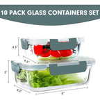 Verones 10 Pack Glass Meal Prep Containers, Airtight Glass Lunch Containers, Stackable Glass Food Storage Containers Set With Lids,Bpa-Free, For Microwave, Oven, Freezer & Dishwasher Friendly,Grey