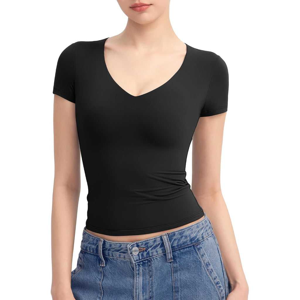 Pumiey Women'S V Neck Short Sleeve T Shirts Slim Fit Going Out Tops Sexy Basic Tee Sharp Collection