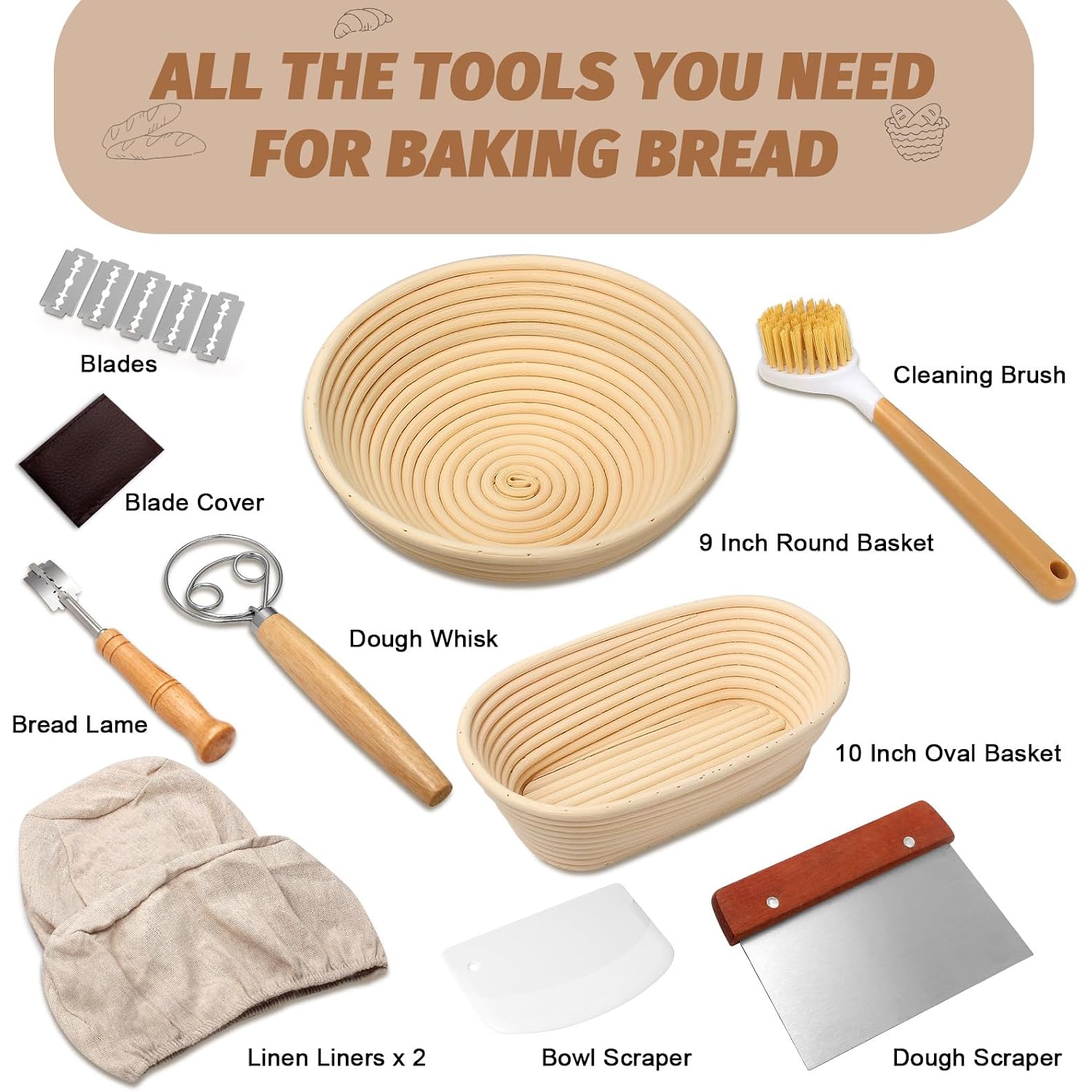 Sourdough Proofing Basket Gift Set, 9" Round And 10" Oval Banneton Bread Baking Supplies, Sourdough Baskets With Bread Lame, Danish Whish, Bowl Scraper, Sourdough Scraper, And Linen Liner