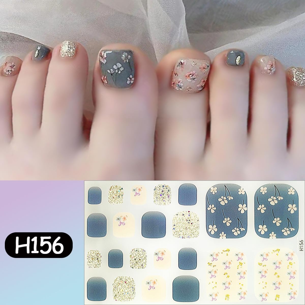 6 Sheets Flower Toenail Gel Stickers Spring Summer Toenail Polish Strips Multicolored Floral with Glitter Design Full Wraps Nail Art Supplies Cute Gels Toenails Strips Stickers for Women Acrylic Nails