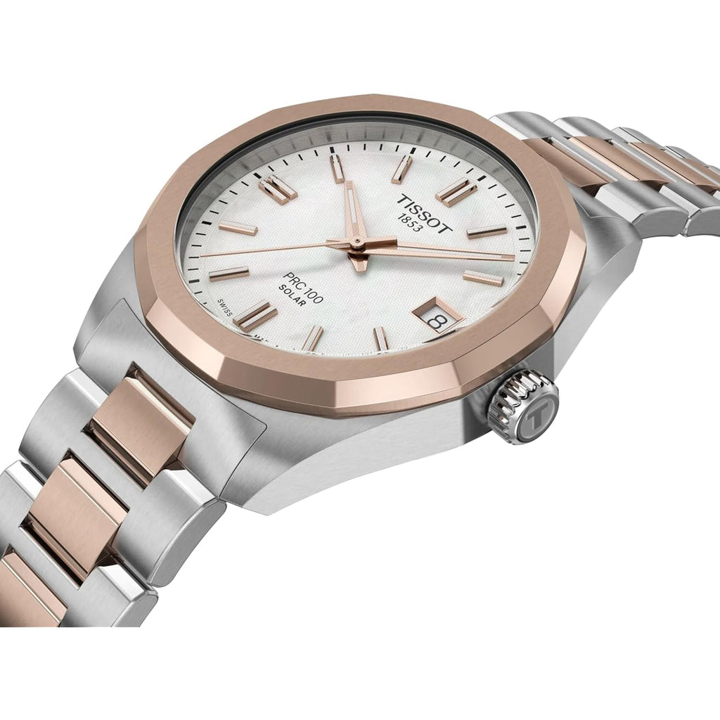 Tissot Prc 100 Solar, White Dial, 34Mm Watch For Women, Two-Tone Rose Gold And Silver Stainless Steel Bracelet, Solar Quartz Movement, T1518222211100