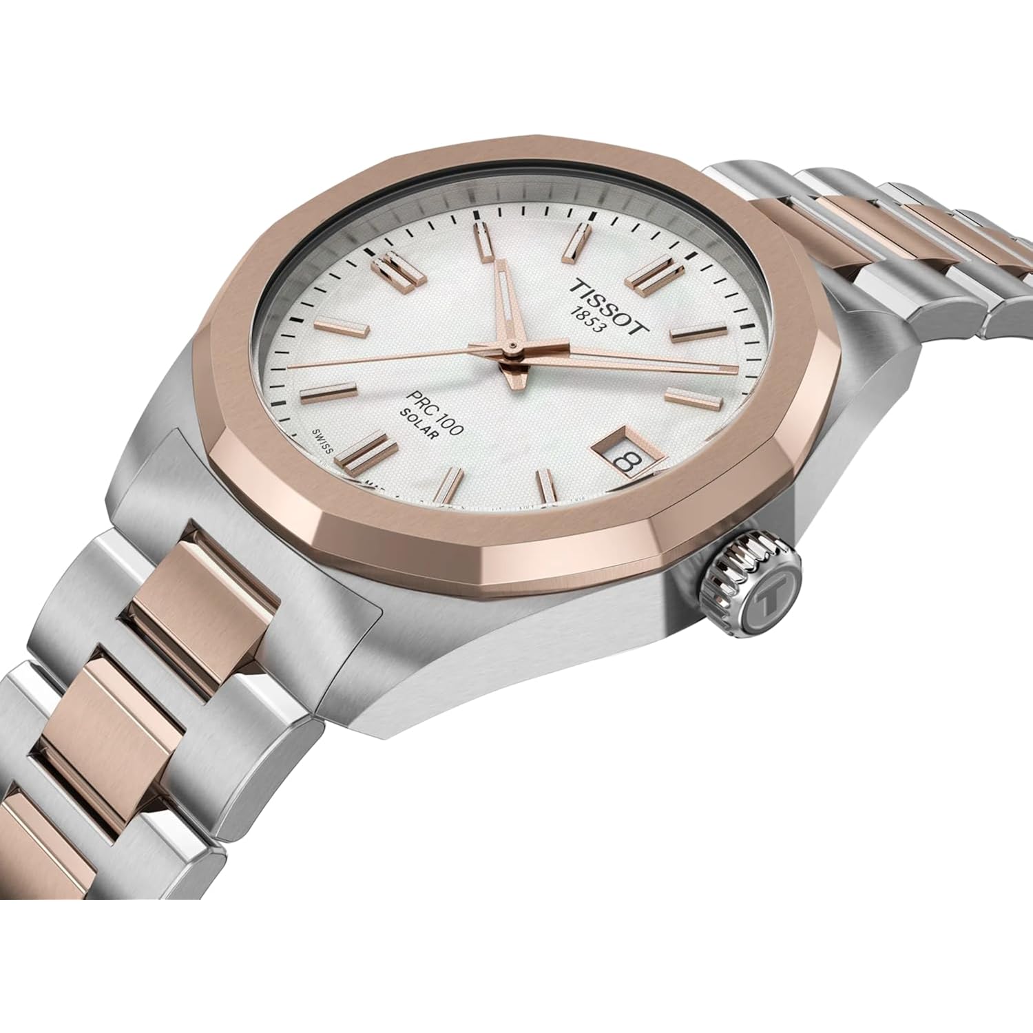 Tissot Prc 100 Solar, White Dial, 34Mm Watch For Women, Two-Tone Rose Gold And Silver Stainless Steel Bracelet, Solar Quartz Movement, T1518222211100