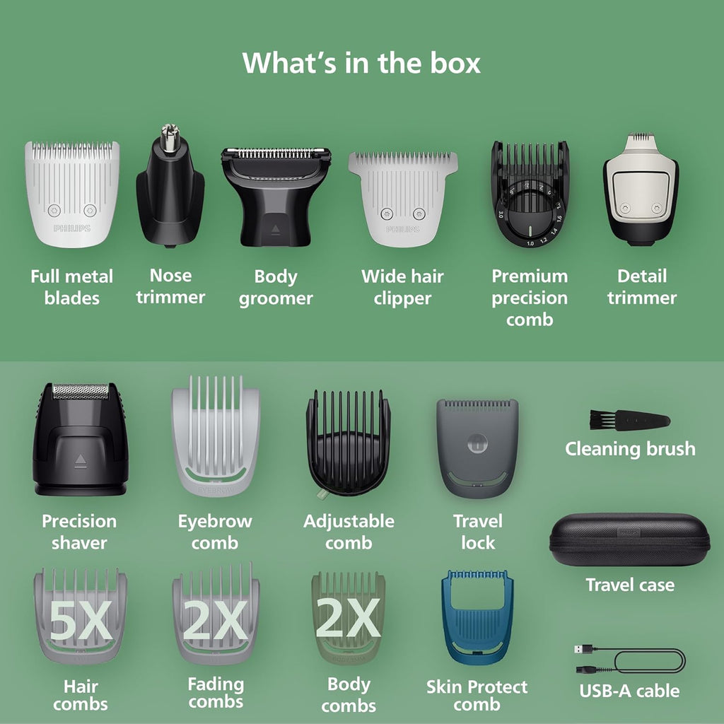 Norelco Philips All-in-One 9000 Series 23-Piece Trimmer - Electric Shaver and Clipper for Face, Beard, Head & Body, Self-Sharpening Full Metal Blades, 29 Length Settings (0.5-16 mm), MG9575/49